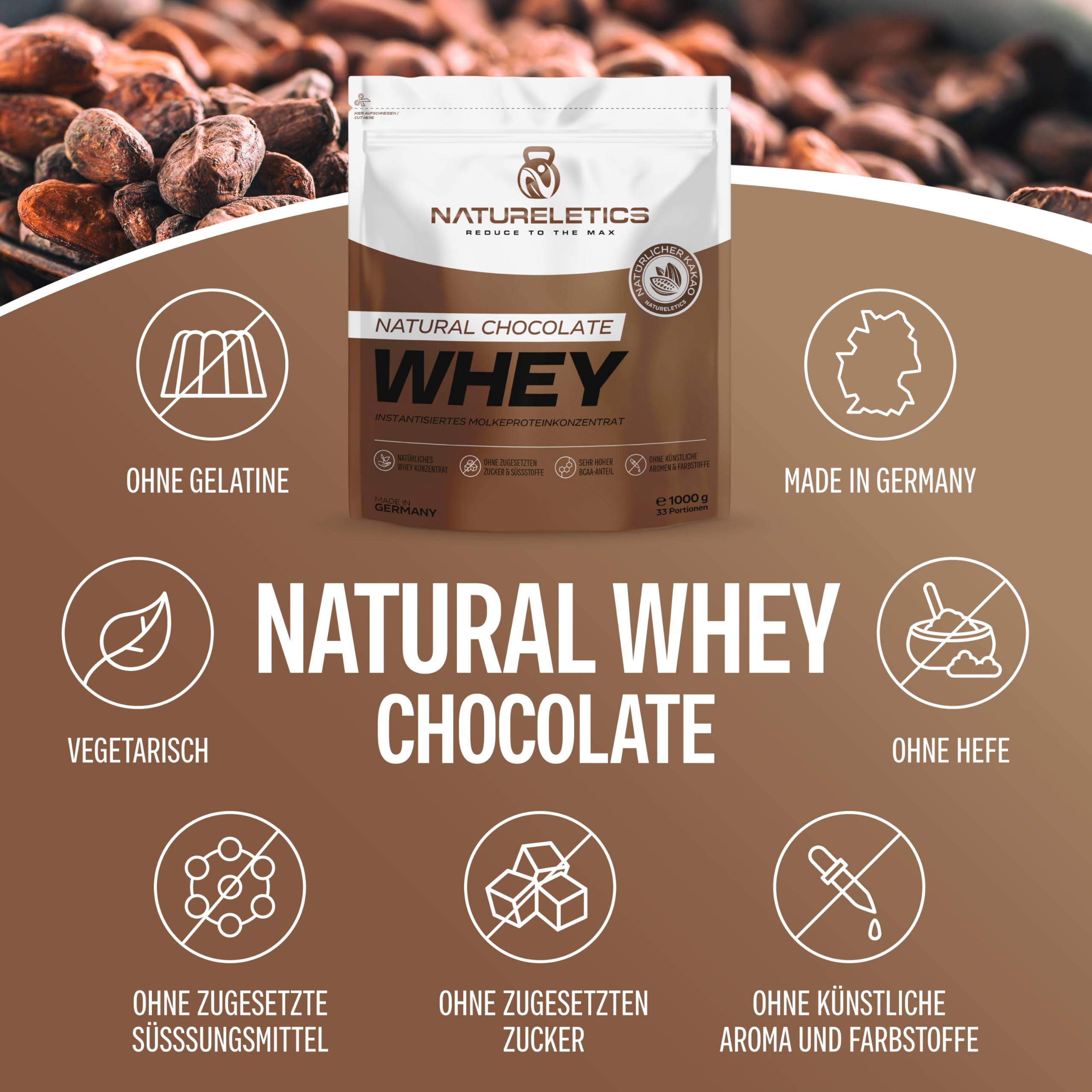 NATURELETICS SCHOKO Whey Protein Ungesüßt ohne Süßstoffe und Zuckerzusatz Natürliches Premium Eiweißpulver, 1kg ohne Aspartam & Sucralose, Low Carb, Hoher BCAA-Anteil, Made in Germany