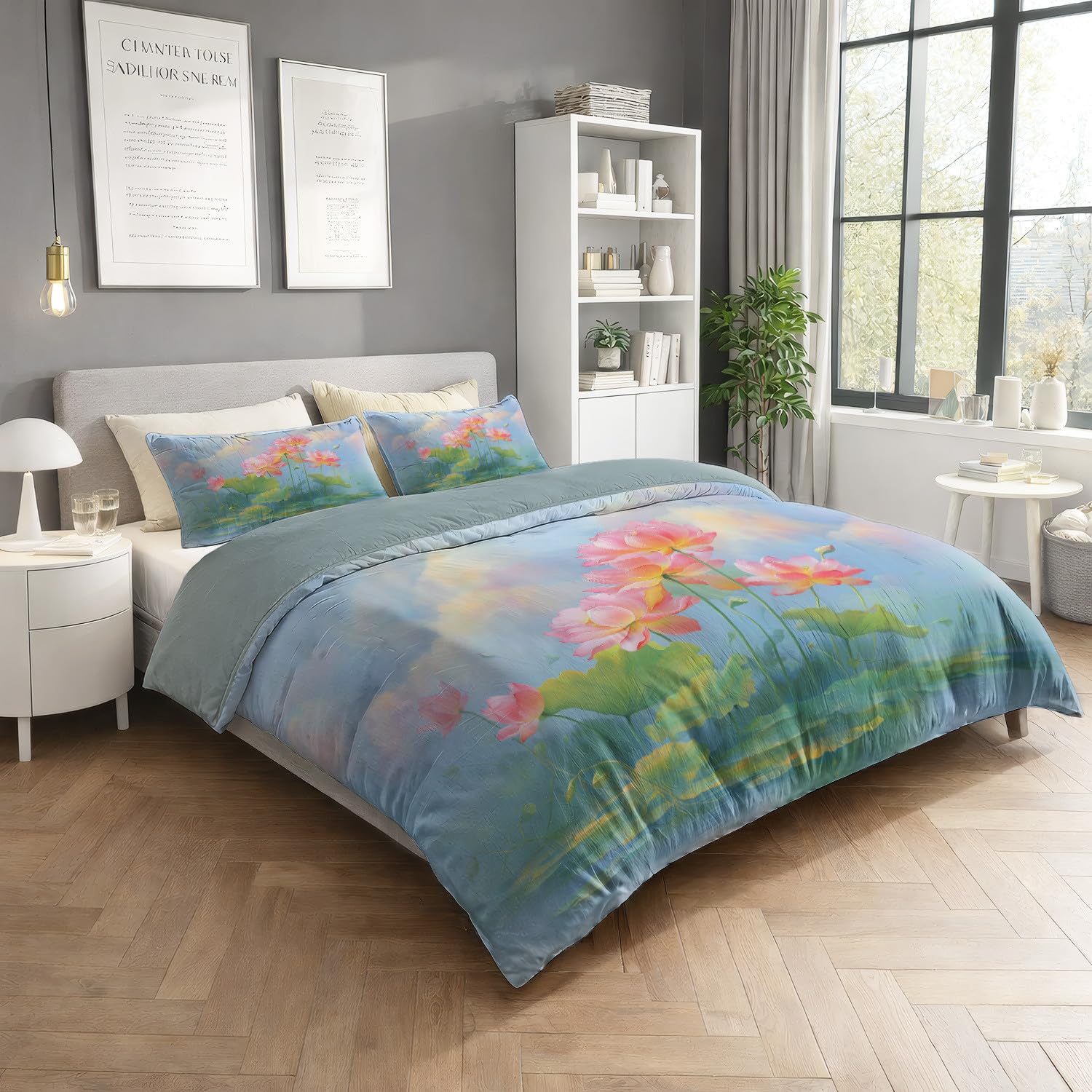 Generisch Pościel 155 x 220 cm, dla alergików, na 4 pory roku, miękka i nie wymaga prasowania, zestaw pościeli z motywem kwiatów, różowy lotos, elegancki wzór