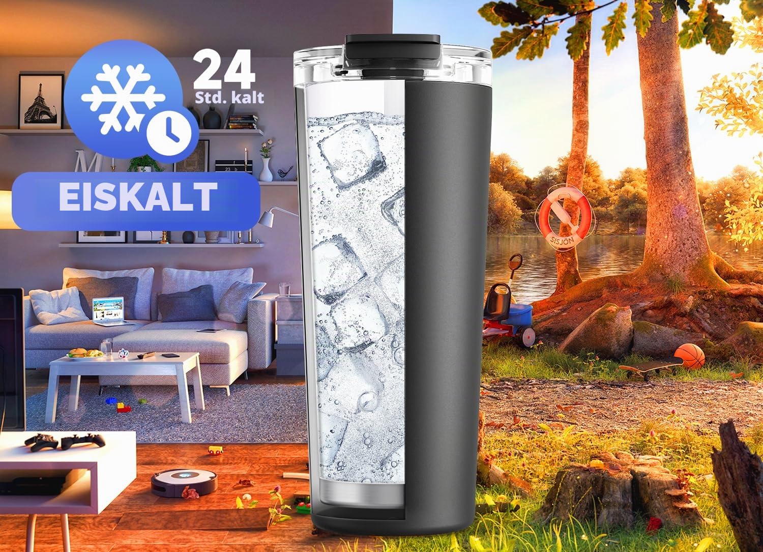 Meoky 700ml Kaffeebecher to go Thermo mit 100% Auslaufsicher Deckel, Thermobecher Edelstahl, 8h Heiß und 24h Kalt, Passt in den Auto-Getränkehalter (Nacht)