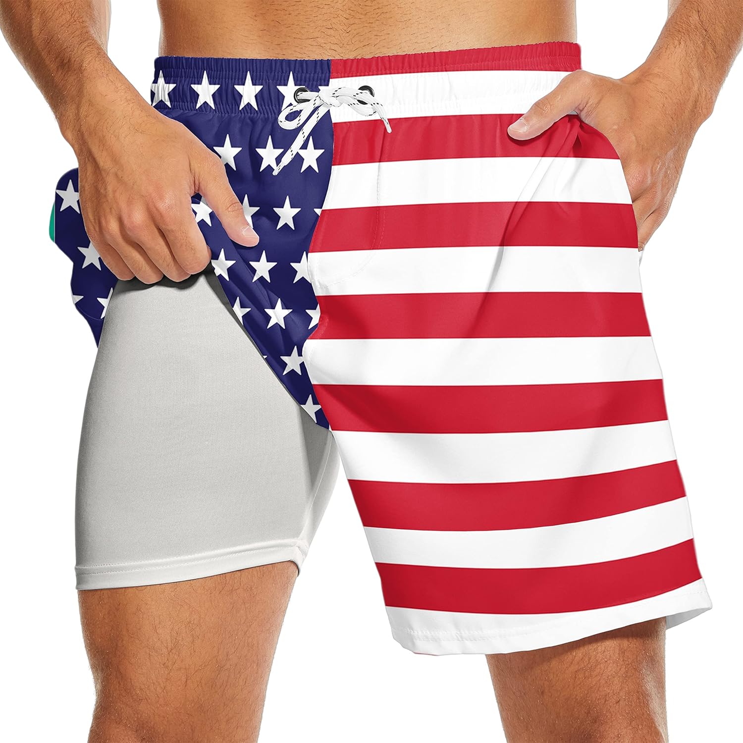 Mens Swim Trunks with Liner Breathable Compression Swim Shorts with 3 Pockets Flag Bathing Suit for Beach