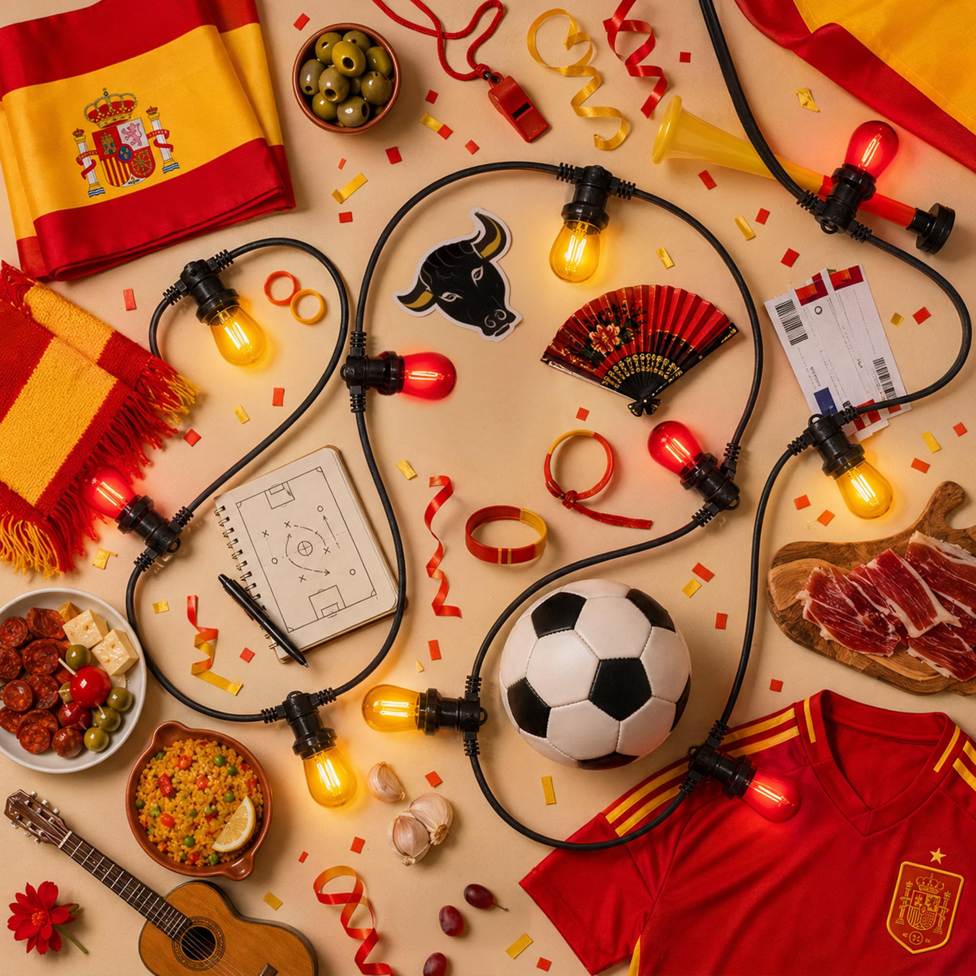 SKYLANTERN Guirlande Guinguette 10M 10 Bulbes Filament Espagne - Guirlande Lumineuse Ampoule E27 Rouge Jaune - Édition Coupe du Monde - Guirlande Guinguette Led Filament rétro