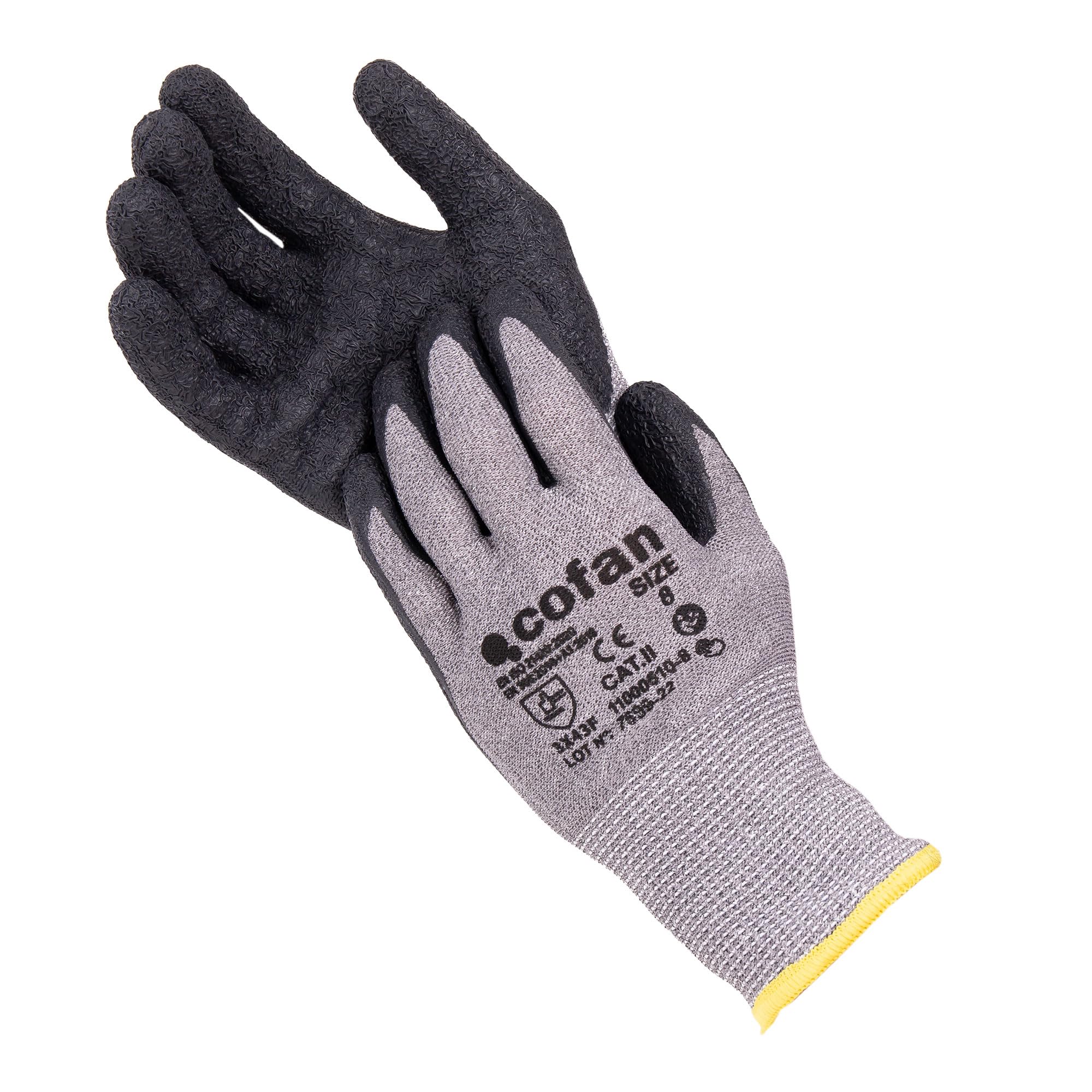 Cofan Guantes Anticorte HPPE con Látex Rugoso, Agarre Seco y Húmedo, Pack de 12 Pares de Guantes, Galga 13, Talla 6 hasta la 10, De Conformidad con EN 388:2016 (12, Talla 6)
