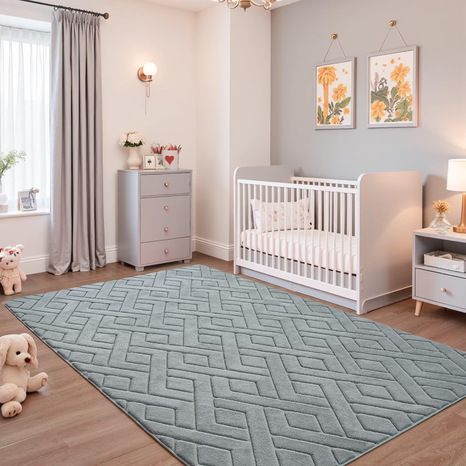 Alfombra de área lavable gris de 3 x 5 pies para dormitorio, alfombra geométrica moderna para sala de estar, alfombra gruesa y suave de espuma viscoelástica para habitación de niños