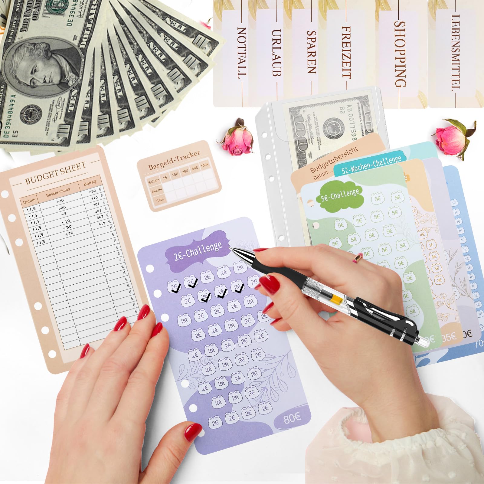 REJOECE Money Binder A6 &ndash; Set Da 48 Fogli Con Sfide Di Risparmio 1&euro;, 2&euro;, 5&euro;, 10&euro;, 20&euro;, 50&euro;, 52 Settimane E 100 Giorni, Organizzatore Budget