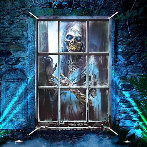 LOMIMOS Decoración aterradora de Halloween para ventana, cortina de terror de Halloween, esqueleto para ventana, decoración de telón de fondo