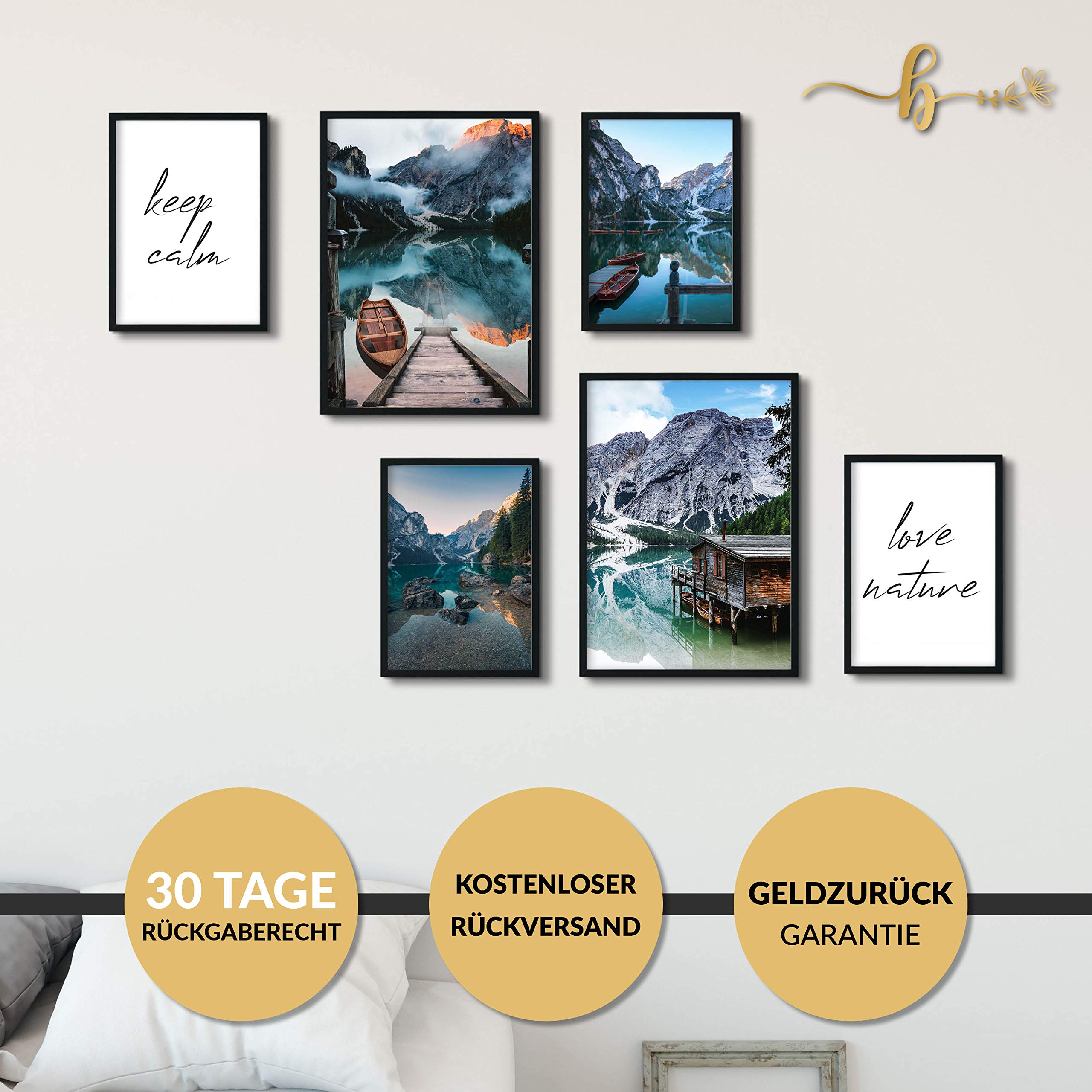 Poster 6er Set Beidseitige Bilder - Stilvolle Home Deko für Schlafzimmer und Wohnzimmer | Poster Vintage Set Traumfänger Boho A3 | A4 (Bergsee, A4 | A5 in Holzrahmen (schwarz))