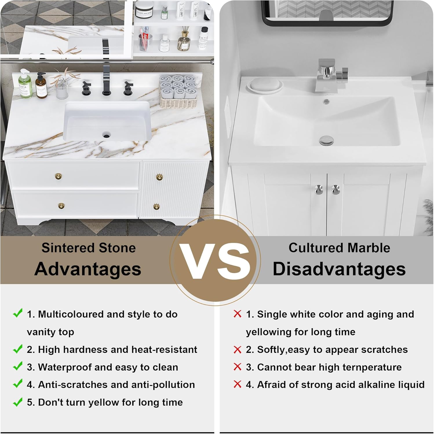 31 x 22 Inch Bathroom Vanity Top, Sintered Stone Vanity Top with Sink, Single Hole Marble Countertop with Undermount Rectangular Sink & Backsplash (Belly Golden)
