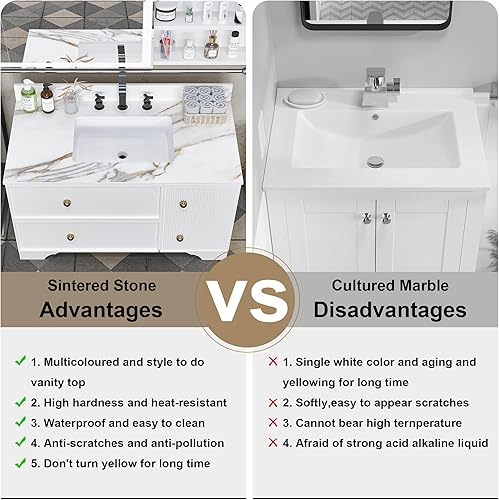 Miniatura 11 de Encimera de tocador de mármol de 43 pulgadas con fregadero, encimera de piedra de ingeniería con fregadero de cerámica y protector contra blanco