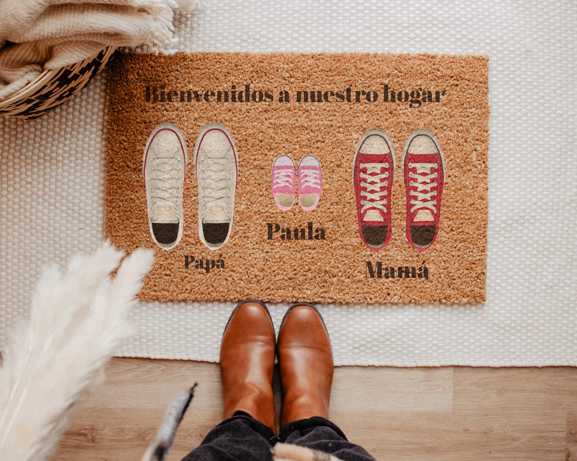 NANNUK - Zerbino personalizzato in fibra di cocco, design con scarpe dei familiari, cambia il colore delle scarpe, dimensioni 70 x 40 cm (famiglia 3)