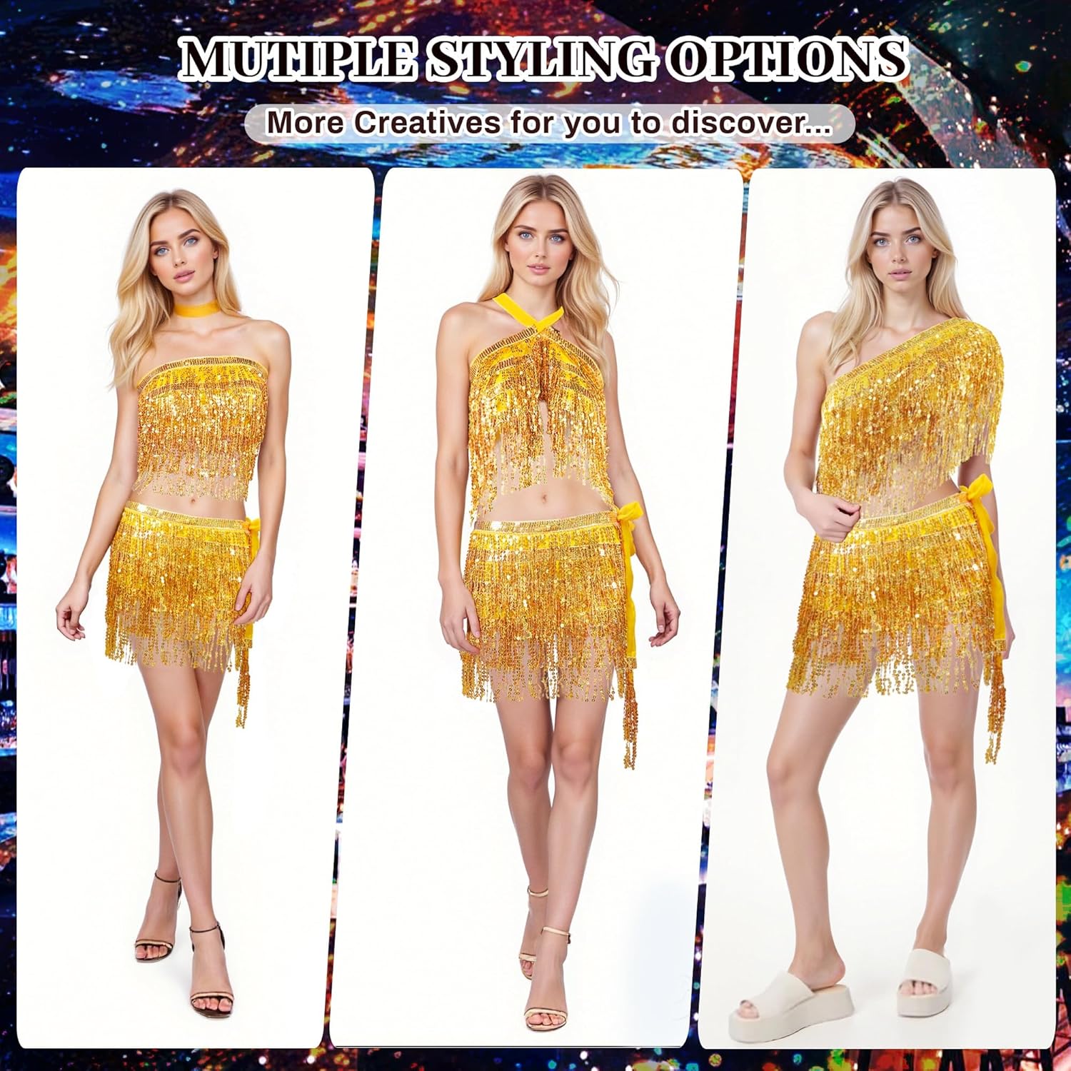 Sequin Skirts for Women (Waist/Bust Under 31.5"), Sparkly Skirts for Girls 2 Piece Set, Tassel Skirt for Kids, 2pack - Image 2