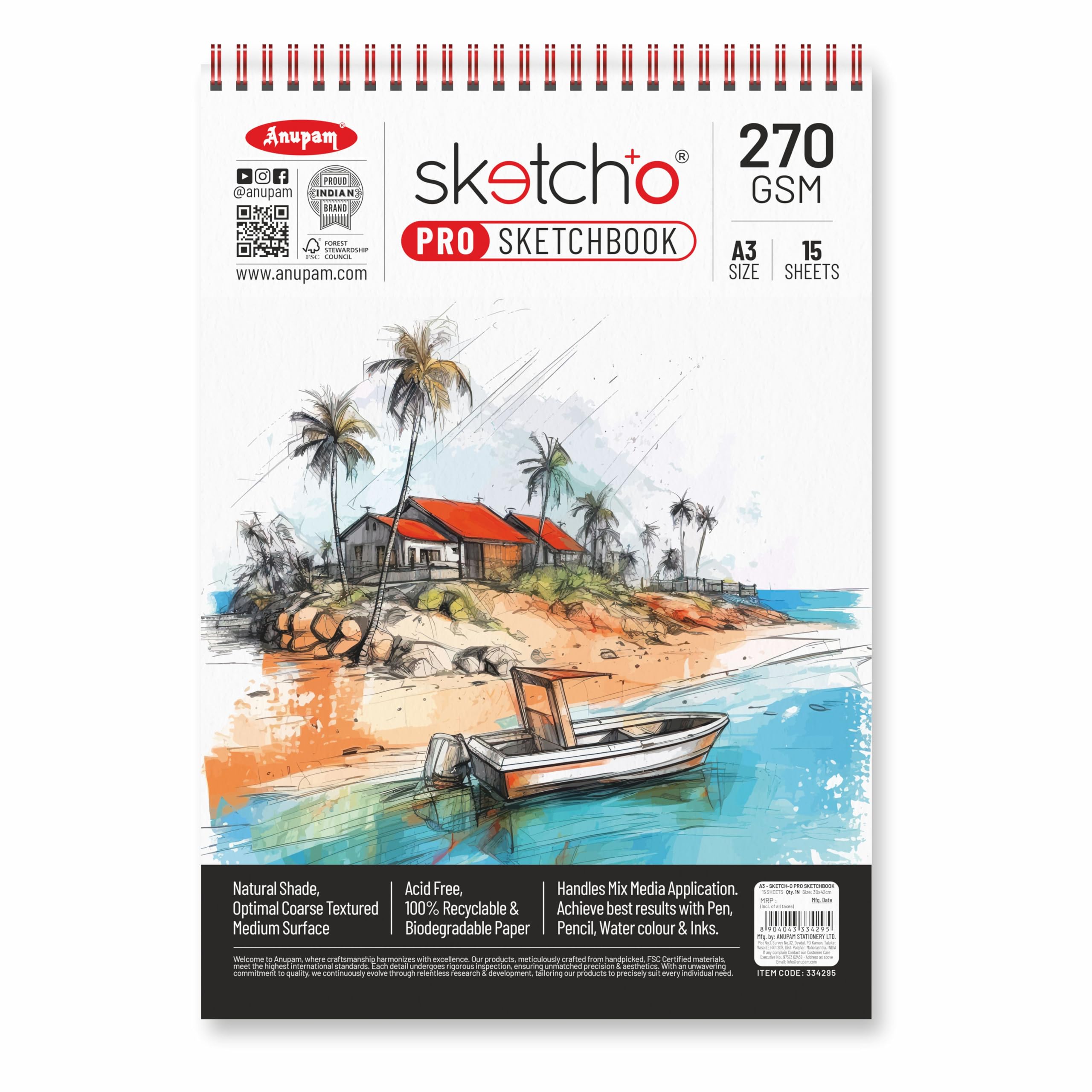 Anupam Sketch-O A3 Pro Sketchbook | 15 Sheet 30 Pages | 270GSM | Durable Acid Free Drawing Paper |Top Spiral-Bound Sketchpad for Kids & Professionals for Marker Pen, Colored Pencil, Charcoal, Water Colour & Inks