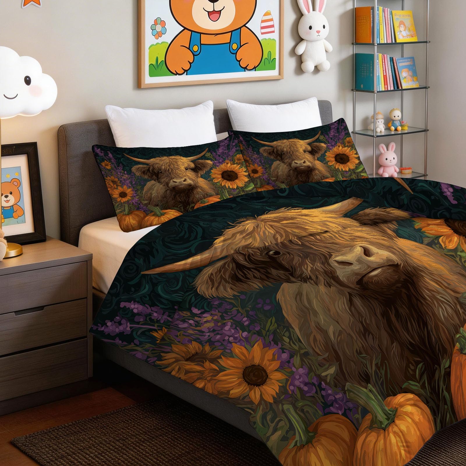 Piumino in stile rustico ad acquerello, senza rivestimento, 135 x 200 cm, motivo floreale, bovini, girasole, 4 stagioni, reversibile, morbida e soffice, per tutto l'anno, lavabile, con 2 federe