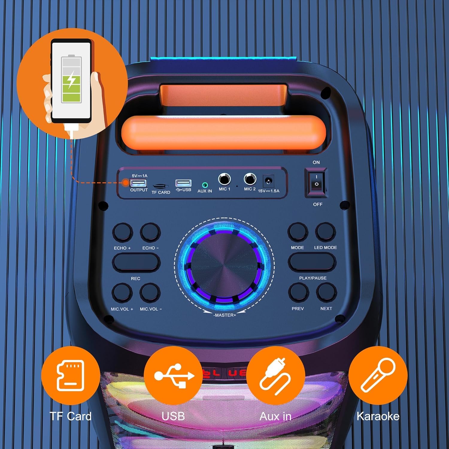 HWWR Machine Karaoke Adultes 2 Micro sans Fil, Puissance Max 500W Enceinte Bluetooth 5.3 Puissante avec Subwoofer 8", Système PA avec Lumières DJ, Idéal pour Les Fêtes en Plein Air