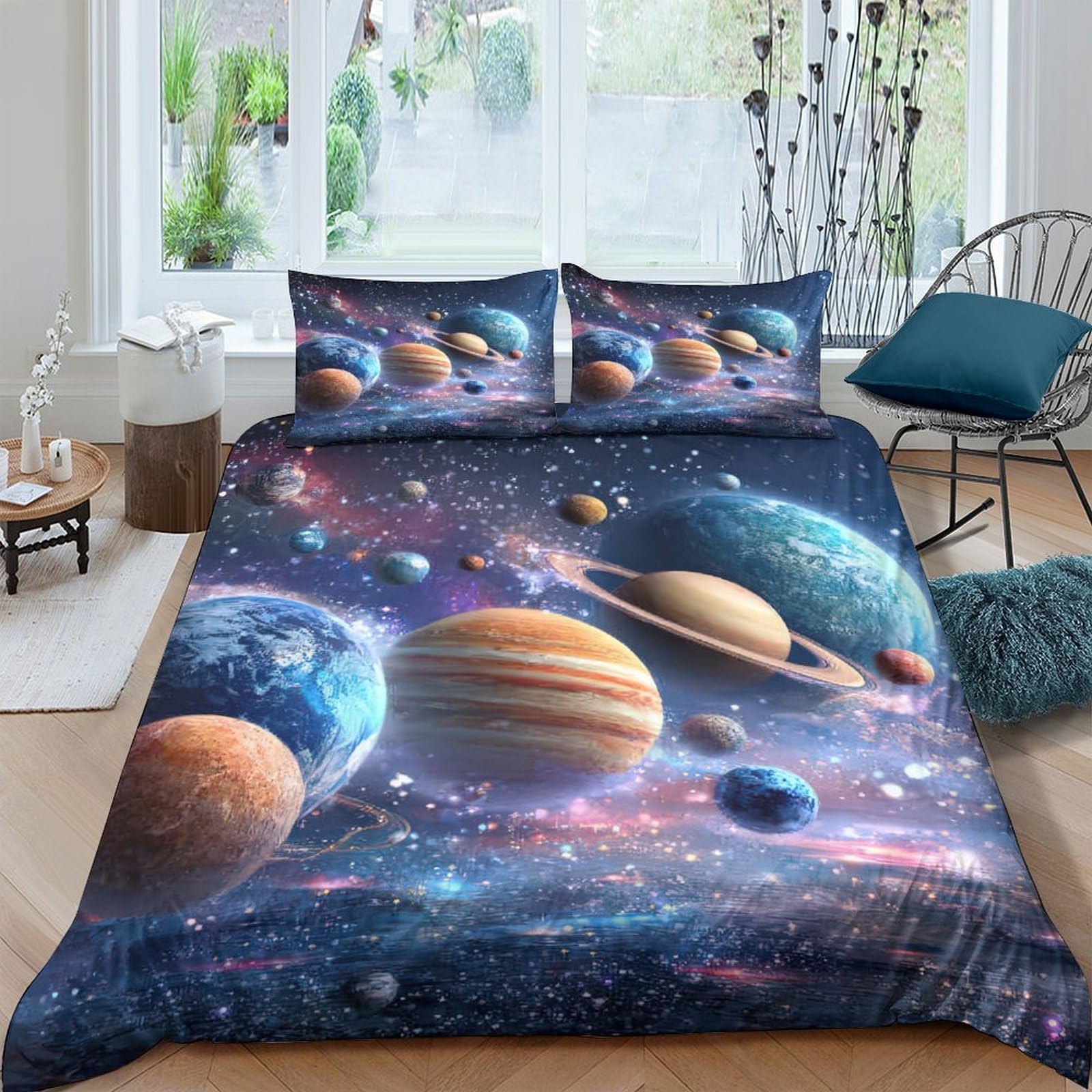 GPLZQXKJNH 3D Printed Galaxy Planets Duvet Cover Microfiber Soft Breathable Cosmic Nebula Bedding Set with 2 Pillowcases for Bedroom Home Single（135x200cm）