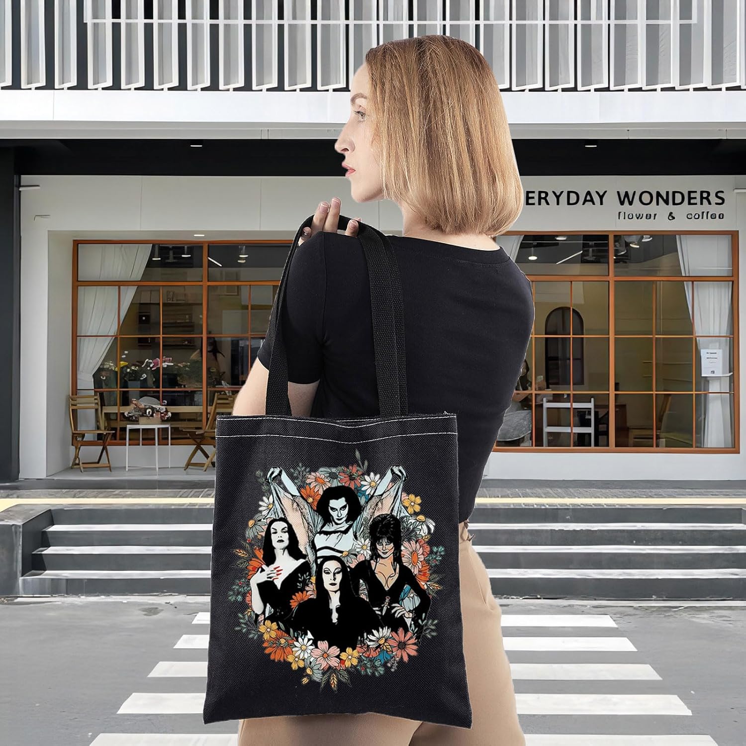 WZMPA Goth Queens With Flowers Cosmetic Bag Lily & Morticia & Vampira Fans Gifts Ghoul Gang Makeup Zipper Pouch Bag (Goth Queens -T BL) - Image 5