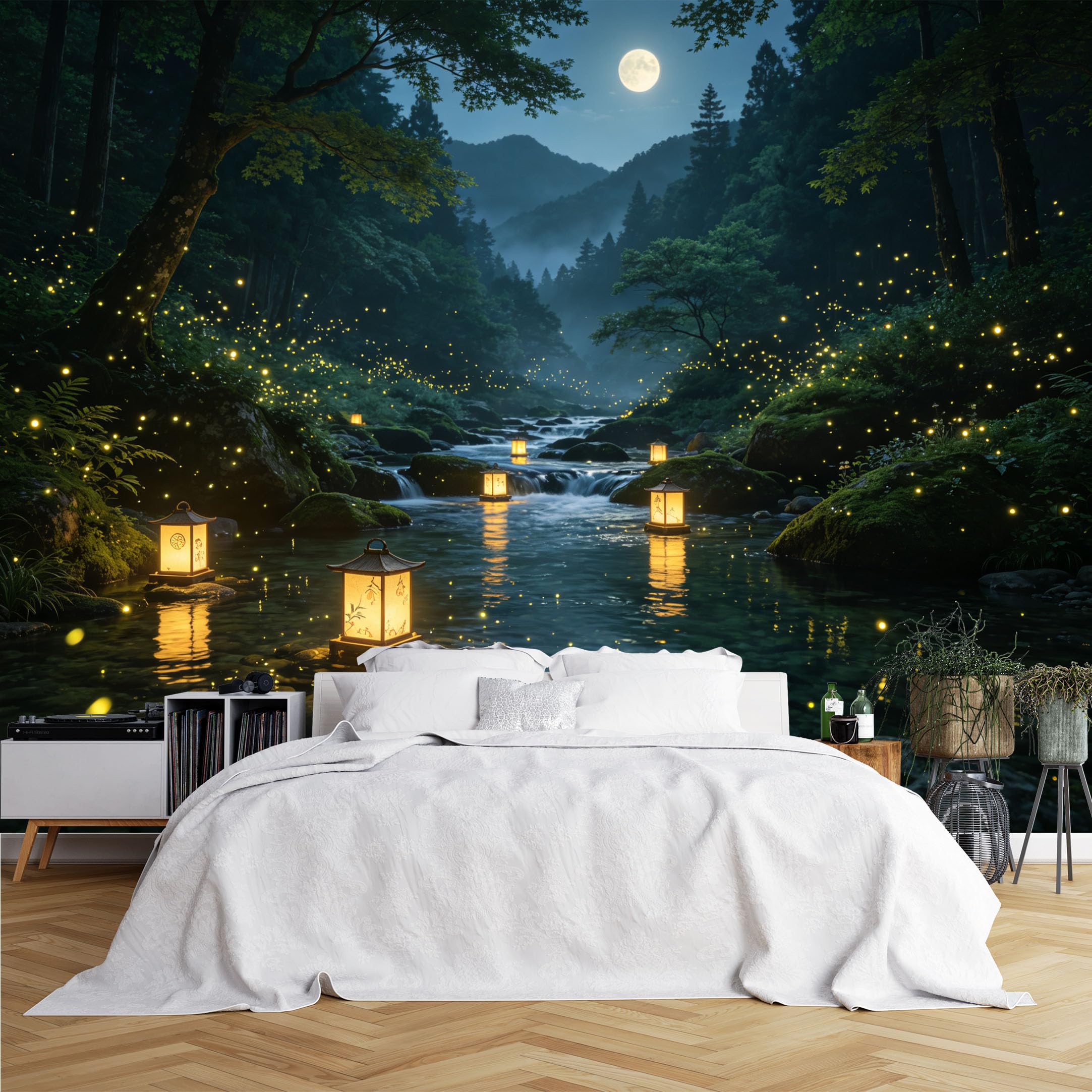 Lcythiazole Ch260615038 Custom Size Wall Murals Moon Stream Lantern Firefly Mountain Wall Murals Full Wall Wallpaper Self-Adhesive Removable Wallpaper For Tea Room Bedroom