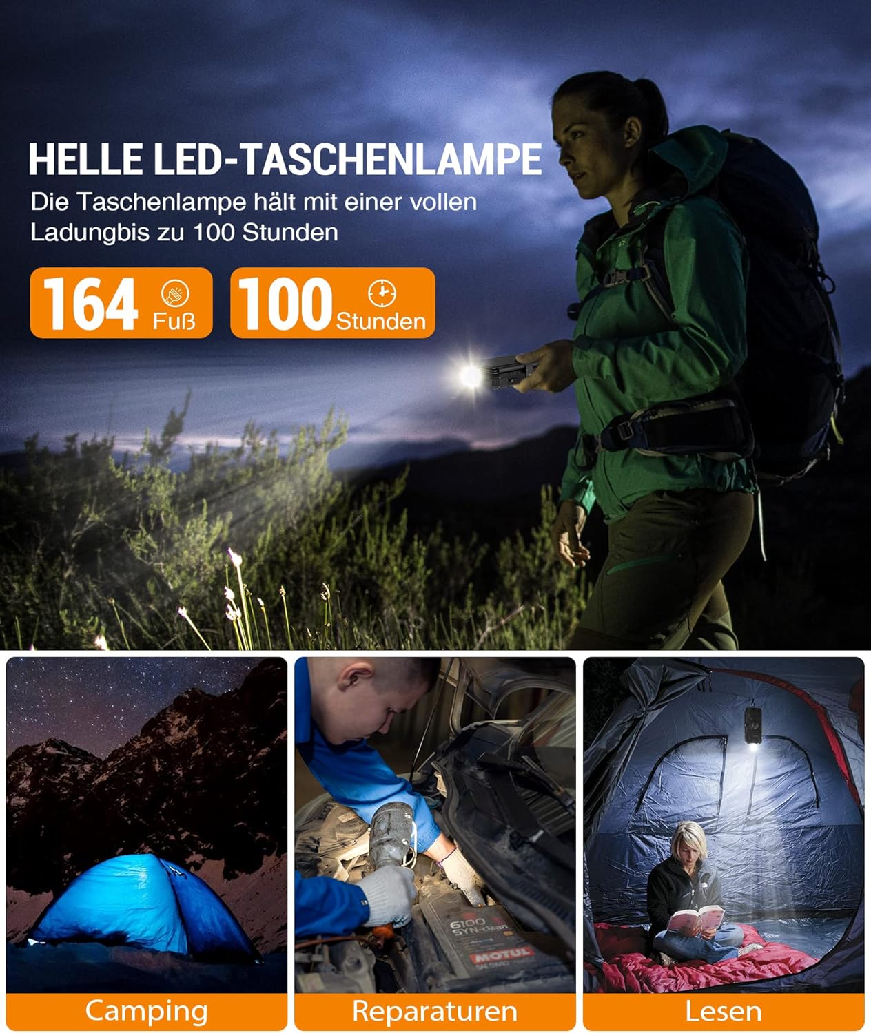 Image showing the LED flashlight in use during various outdoor activities like camping and repairs.