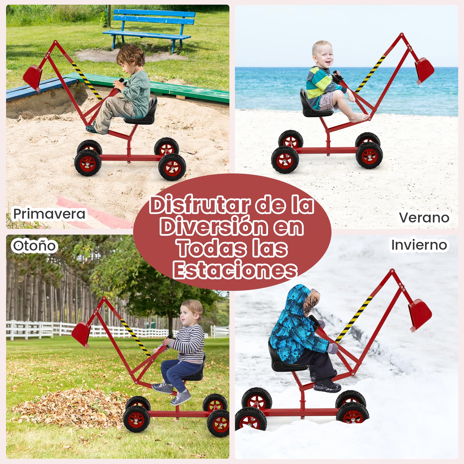 GOPLUS Juguete Excavadora para Niños, Juguete Construcción Infantil con Asiento Giratorio 360°, 2 Brazos y 4 Ruedas Antideslizantes, Mango de Goma, Arena Tierra Nieve, para Niños de 3+Años (Rojo)