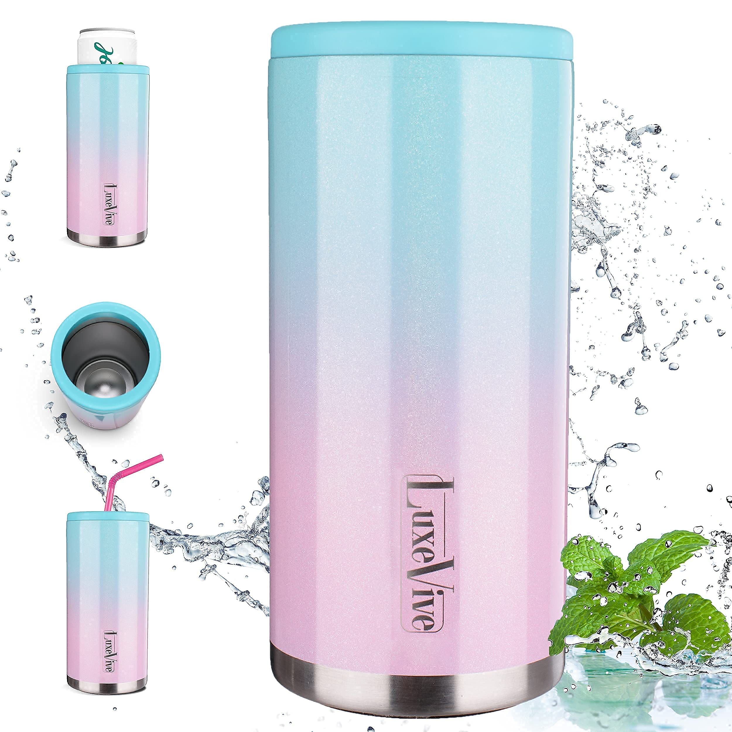 Slim Can Cooler, Beer Cooler, Upright Vacuum Skinny Can Holder, Stainless Steel Double Wall - Keeps 12 Oz Slim Beer, Hard Seltzer and Beverages Ice Cold – Great for Weddings and Travel (Glitter Iris)