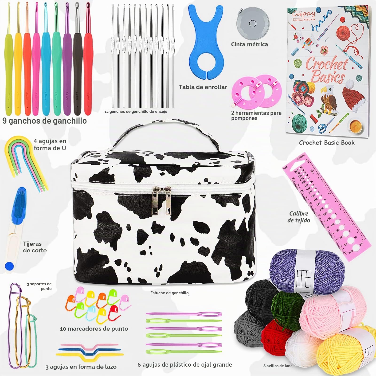 Coopay Kit de hilo multicolor y 54 piezas de ganchillo con funda, ganchos de 0,6 a 6 mm, libro y accesorios, ideal para principiantes