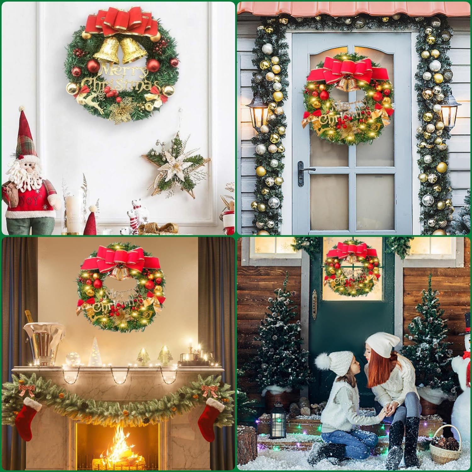 LATERN 30CM Ghirlanda di Natale, Ghirlanda di Pino di Natale Artificiale con Fiocco Campana Cervo Bacche Rosse Fiore per Natale Porta Parete Camino Finestra Albero di Natale Decorazione