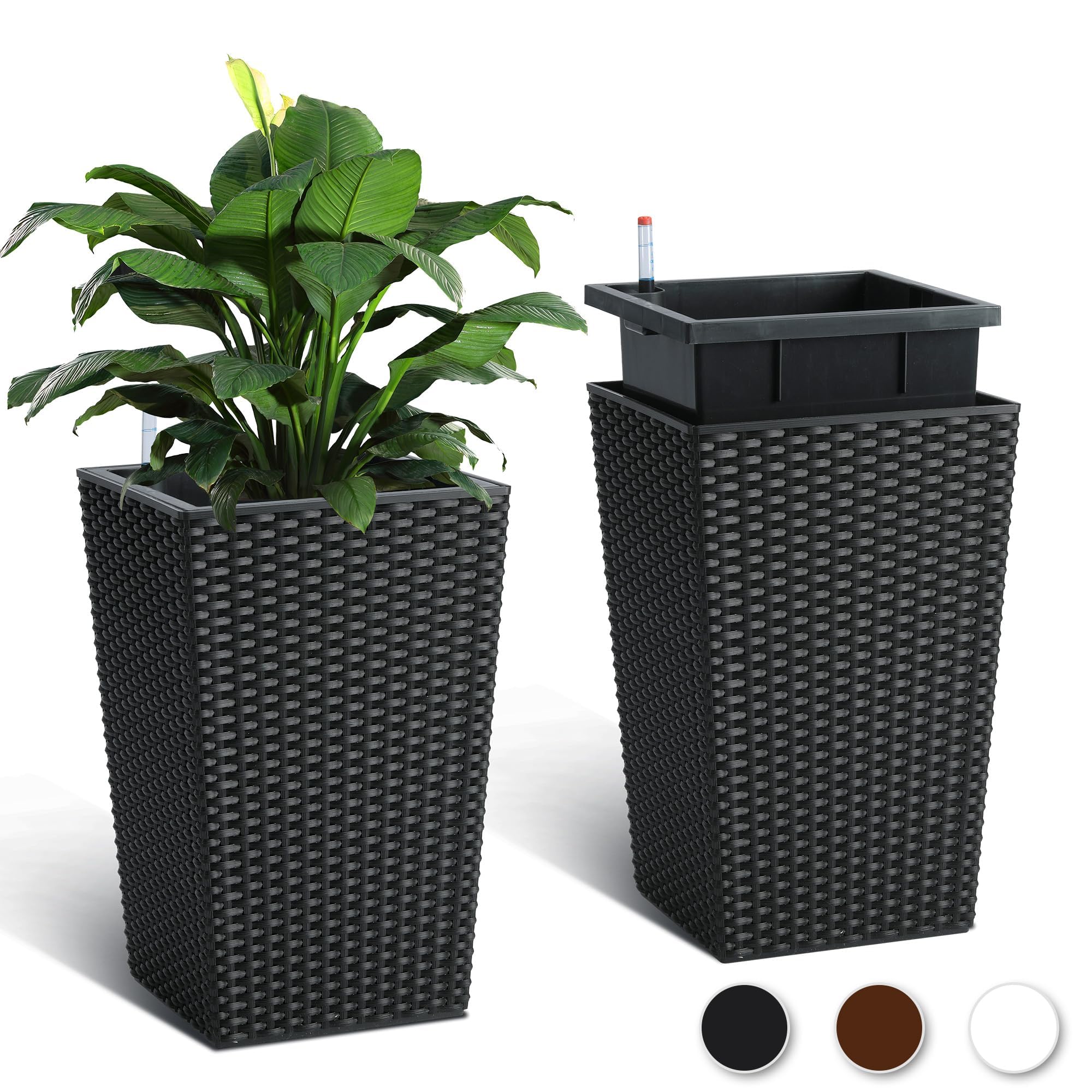Garvee Lot de 2 Grands Pots de Fleurs en rotin – Réservoir d'eau intégré, indicateur de Niveau, roulettes, soucoupes – Idéal intérieur/extérieurérieur, terrasse, Balcon, Bureau – Coloris : Noir