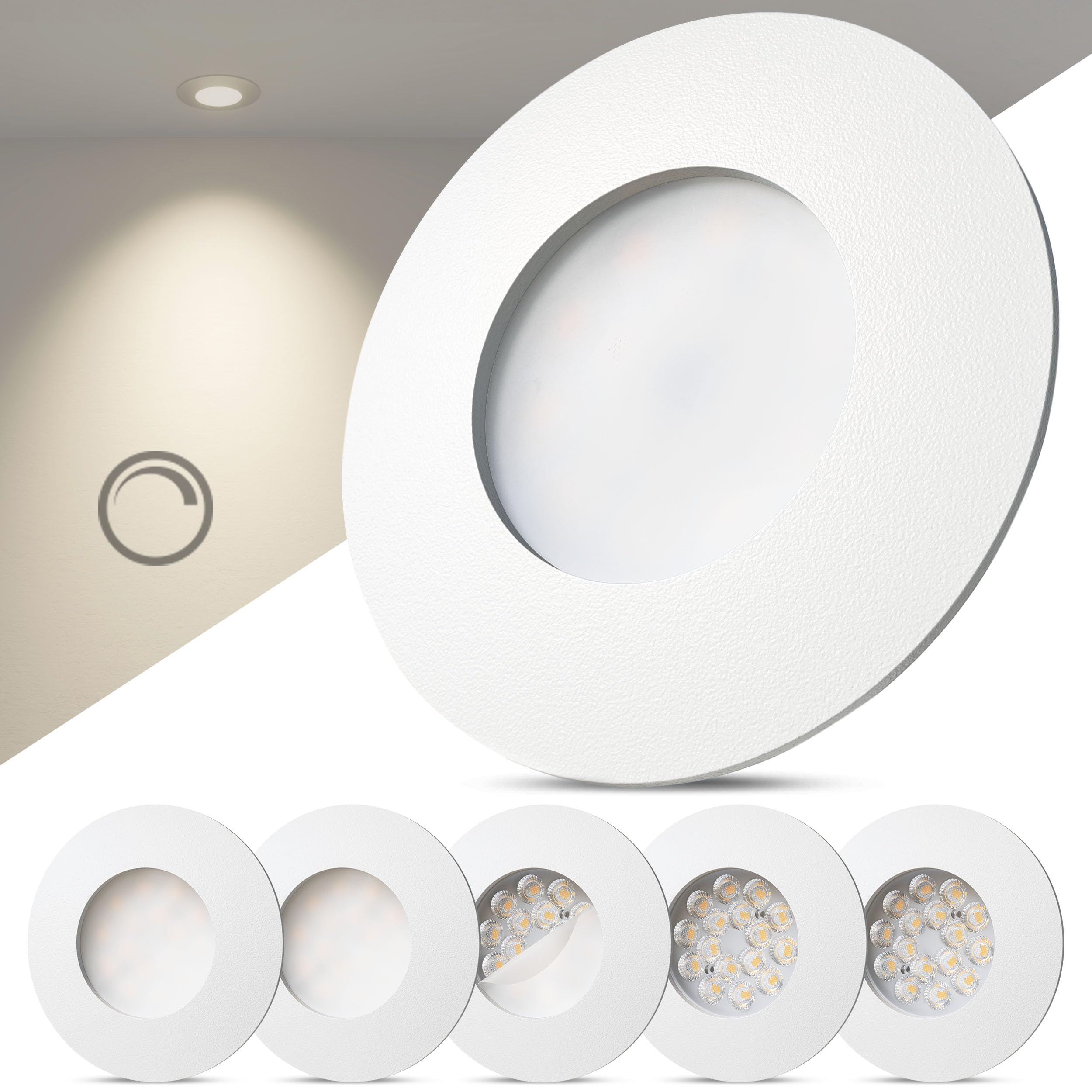 Scandinavian home zestaw 6 reflektorów LED do zabudowy, 230 V, możliwość ściemniania, 230 V, ciepła biel, 3000 K, 470 lm, CRI 90+, wymiary otworu 68 mm, nadaje się do łazienek IP44, kolor biały matowy