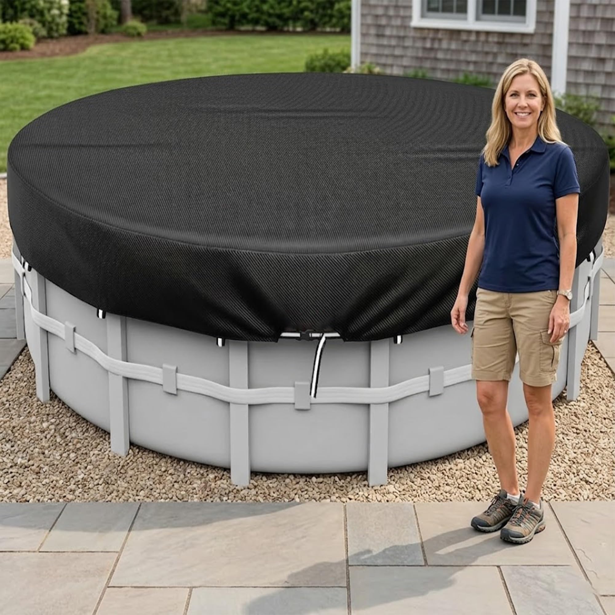 Copertura per Piscina Rotonda Tessuto, Resistente ai Raggi UV Impermeabile Antipolvere, Copertina Protettiva per Piscina Fuori Terra Resistente al Freddo e agli(Black,D 366 x H 20 cm)