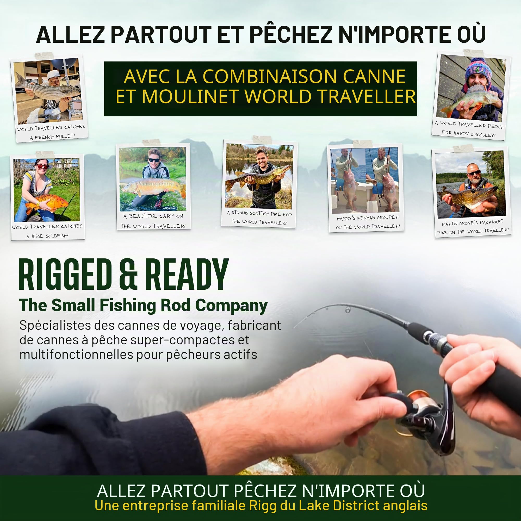 Ensemble Moulinet et étui pour Canne à pêche de Voyage World Traveler. Nano-Carbone, Compact 6 Sections, 2 Pointes. 215cm 7’ + 1.9cm 6’ 1” Spin Bait Carpe Brochet Pêche en mer