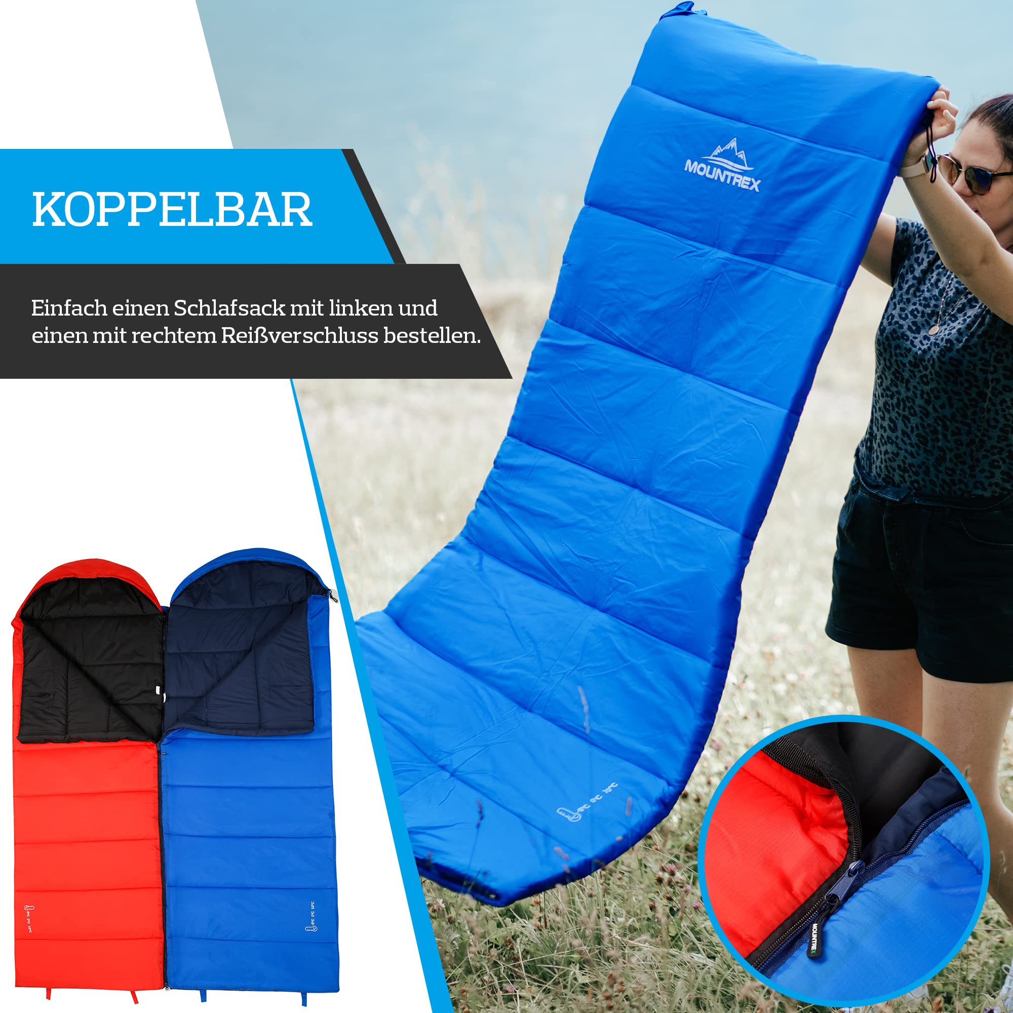 MOUNTREX® Sacco a pelo per campeggio e attività all'aperto, -5 °C, 10 °C, sacco a pelo (205 x 75 cm), 3 stagioni, leggero e caldo (1,6 kg), per adulti, donne e uomini, accoppiabile (RV, destra, blu)