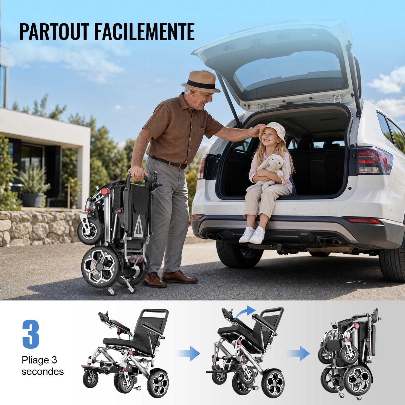 D10 Fauteuil Roulant Électrique Pliable Léger pour Adultes à Mobilité Réduite, Double Moteur,Batterie Lithium 12Ah, Autonomie Jusqu’à 25 km, Châssis Aluminium, Homologué Avion