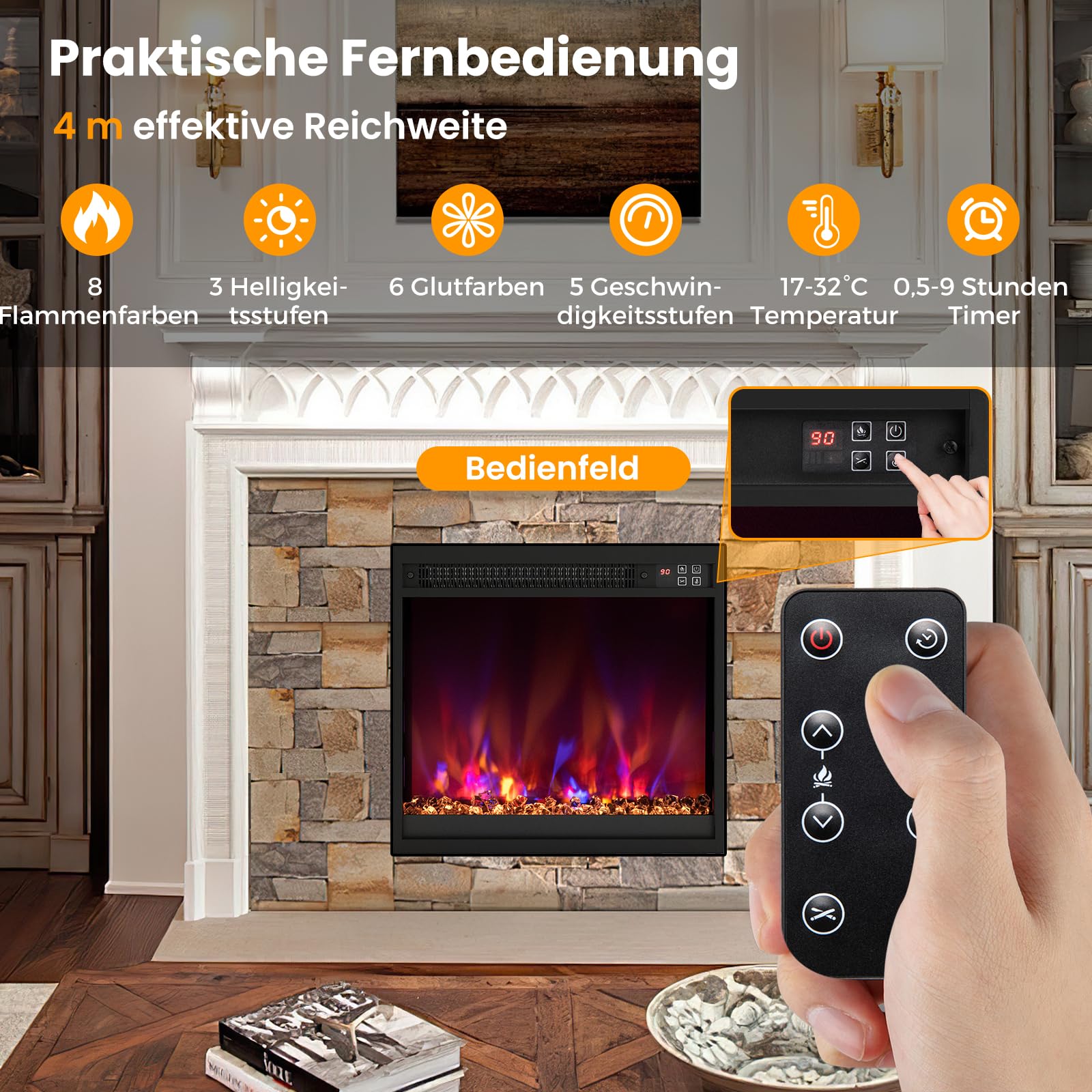 RELAX4LIFE 18" Elektrokamin mit heizung, schwebender Kamin mit LED-Ambientelicht & 3D-Flammeneffekt & Kristall-Glutbett, Deko Wandkamin mit Fernbedienung, 1500 W, 8 Flammenfarben, 9H-Timer, 17℃-32℃