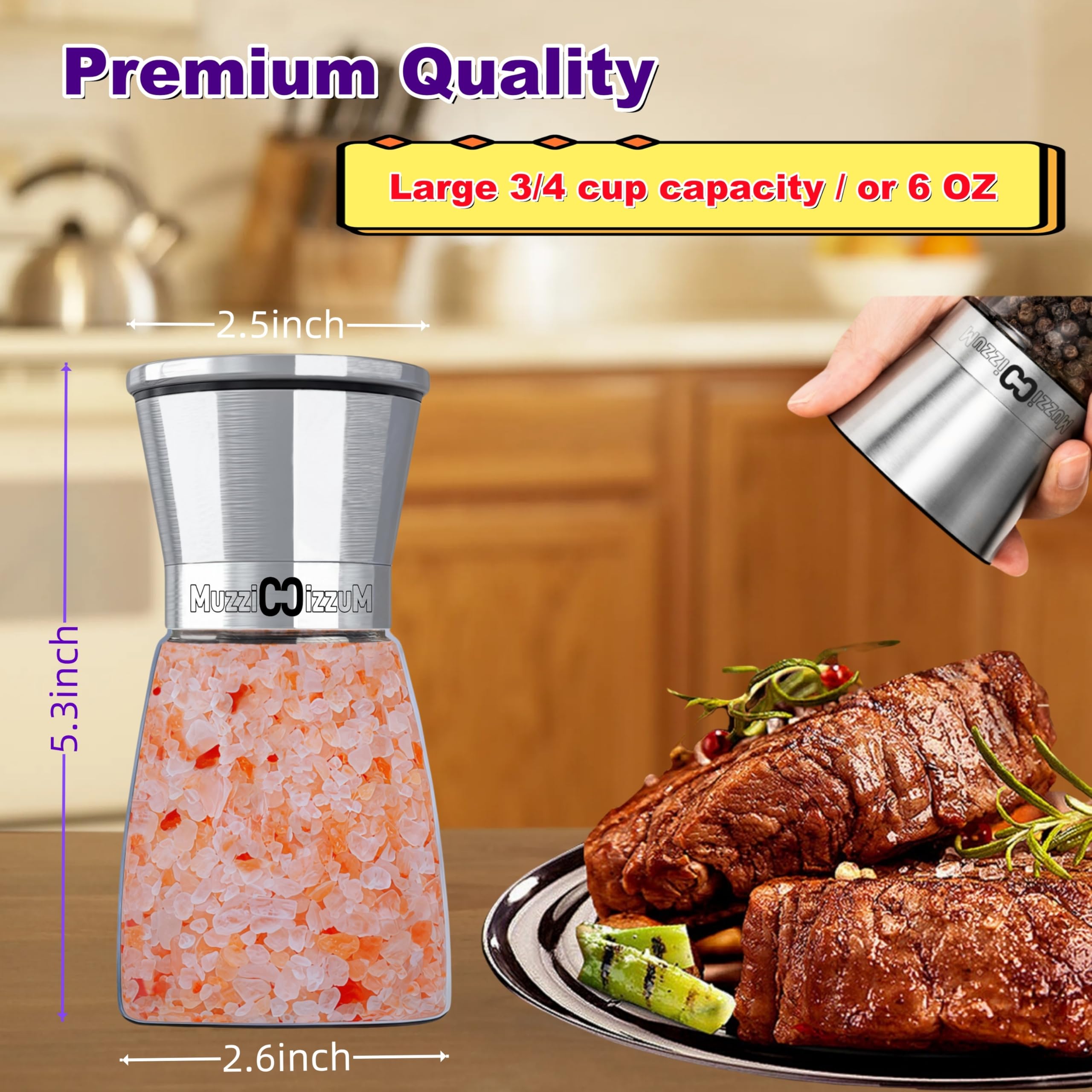 Premium Stainless Steel Salt & Pepper Grinders - 2 Pack -2
