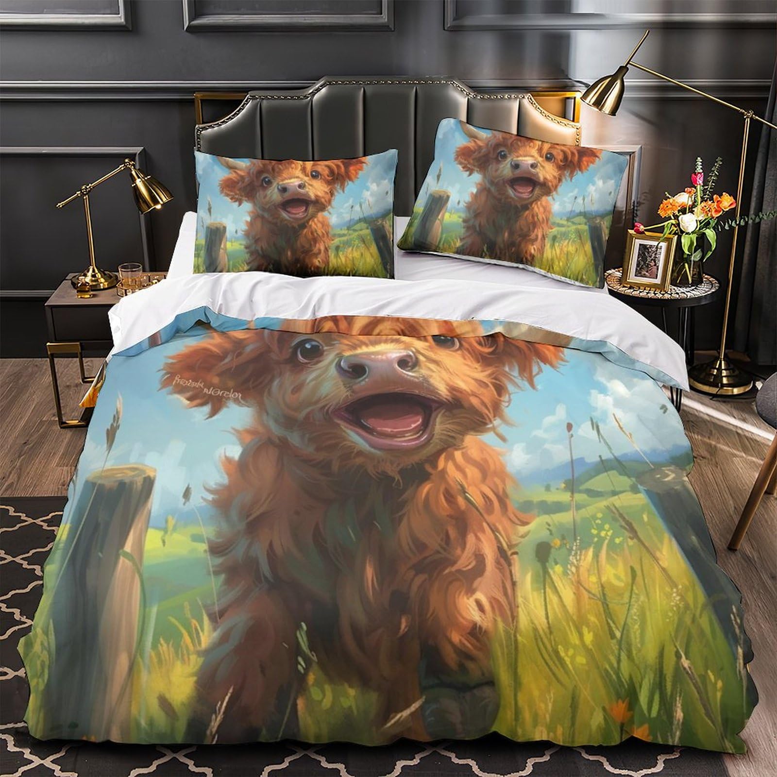 Zestaw pościeli z nadrukiem 3D Ładny mały krowa Super miękki i oddychający zestaw pościeli z mikrofibry 3 sztuki i poszewka na poduszkę Super King (260 x 220 cm)