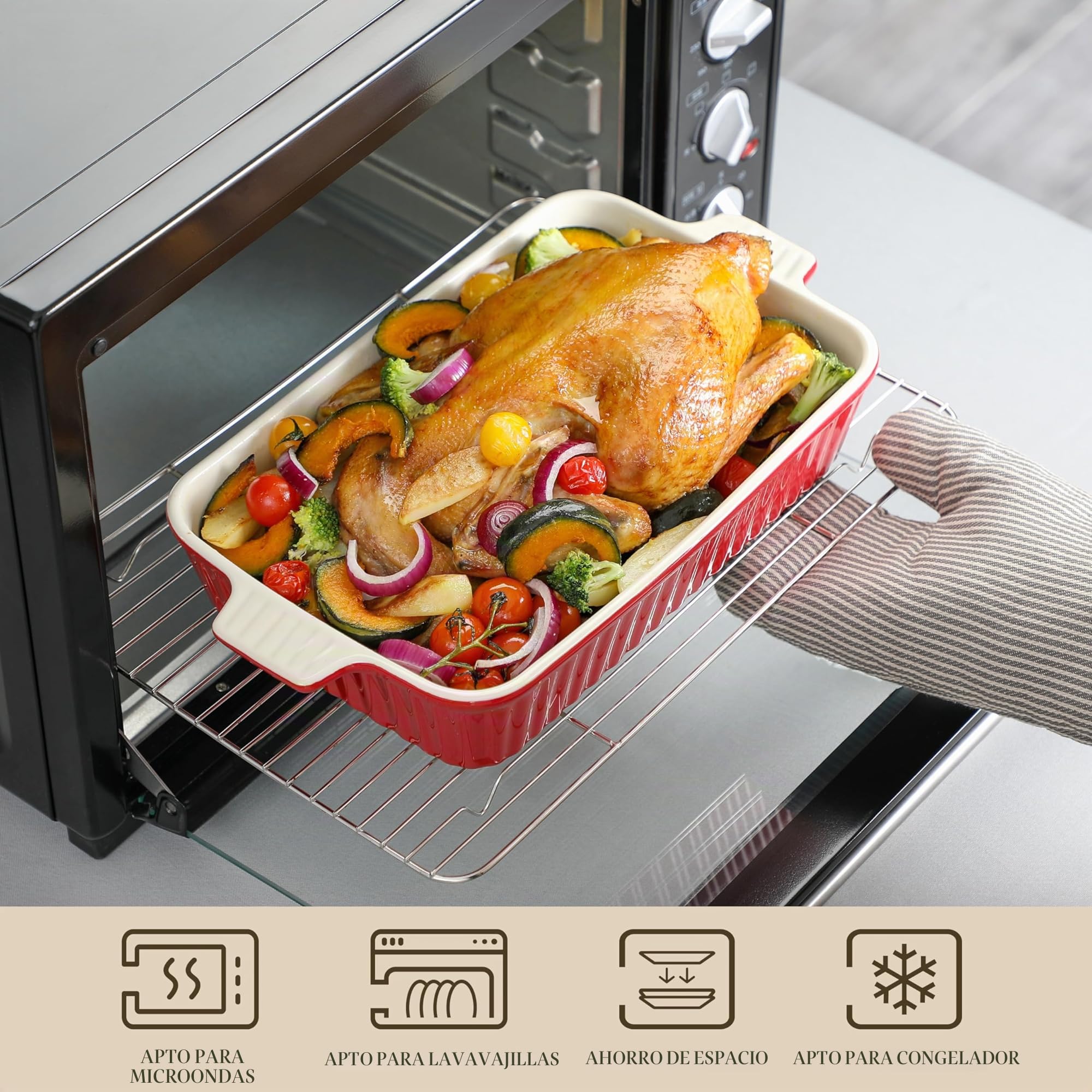 MALACASA Juego de 4 Porcelana Molde Para Pan y Bandeja Para Hornear en 4 Tamaños, Plato Hondo Rojo, Serie BAKE