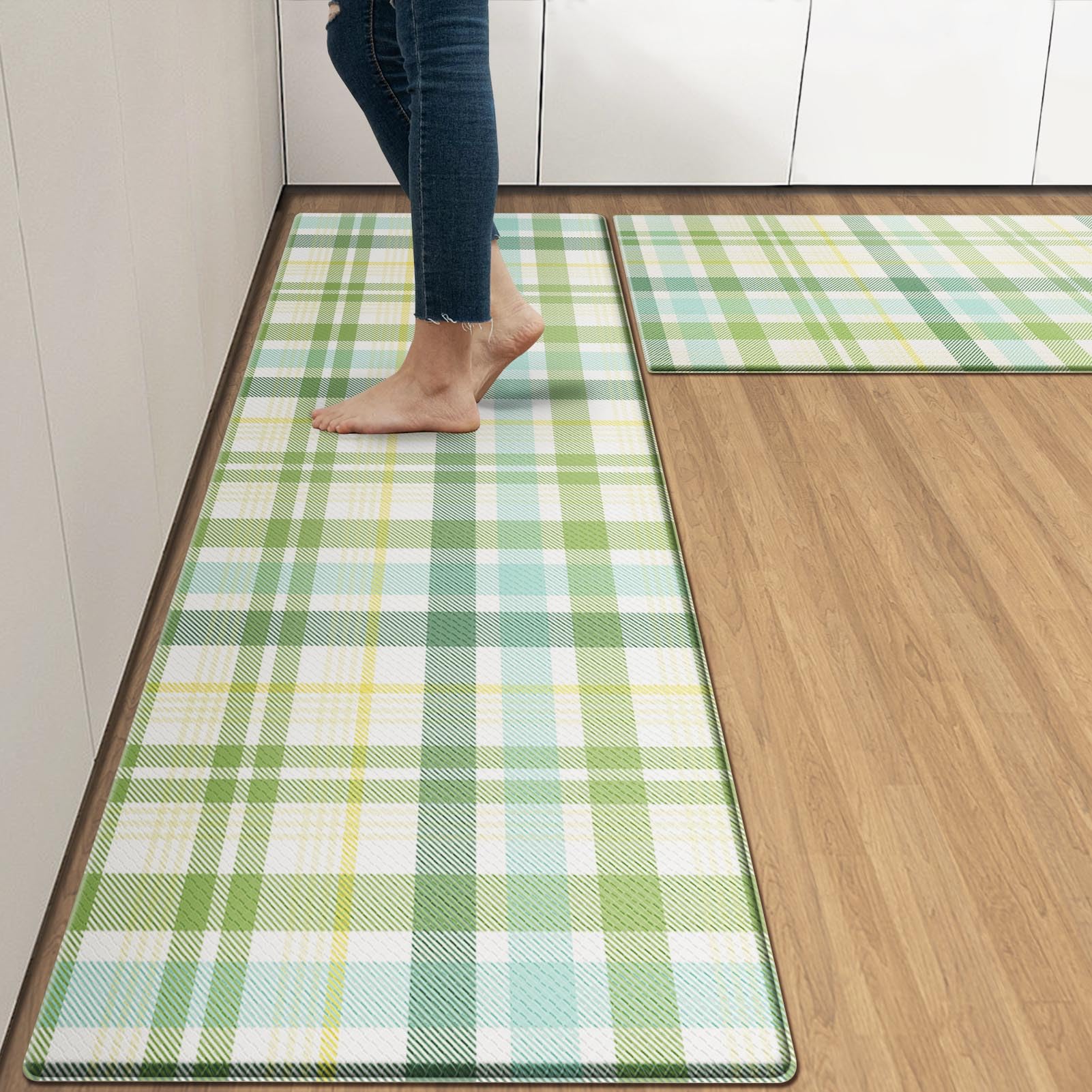 Arttown Green Anti-Fatigue Kitchen Rug Set of 2 Beige Plaid Cushioned Floor Standing Mat Waterproof Non-Slip Mat and PVC Ergonomic Comfort Foam Rug