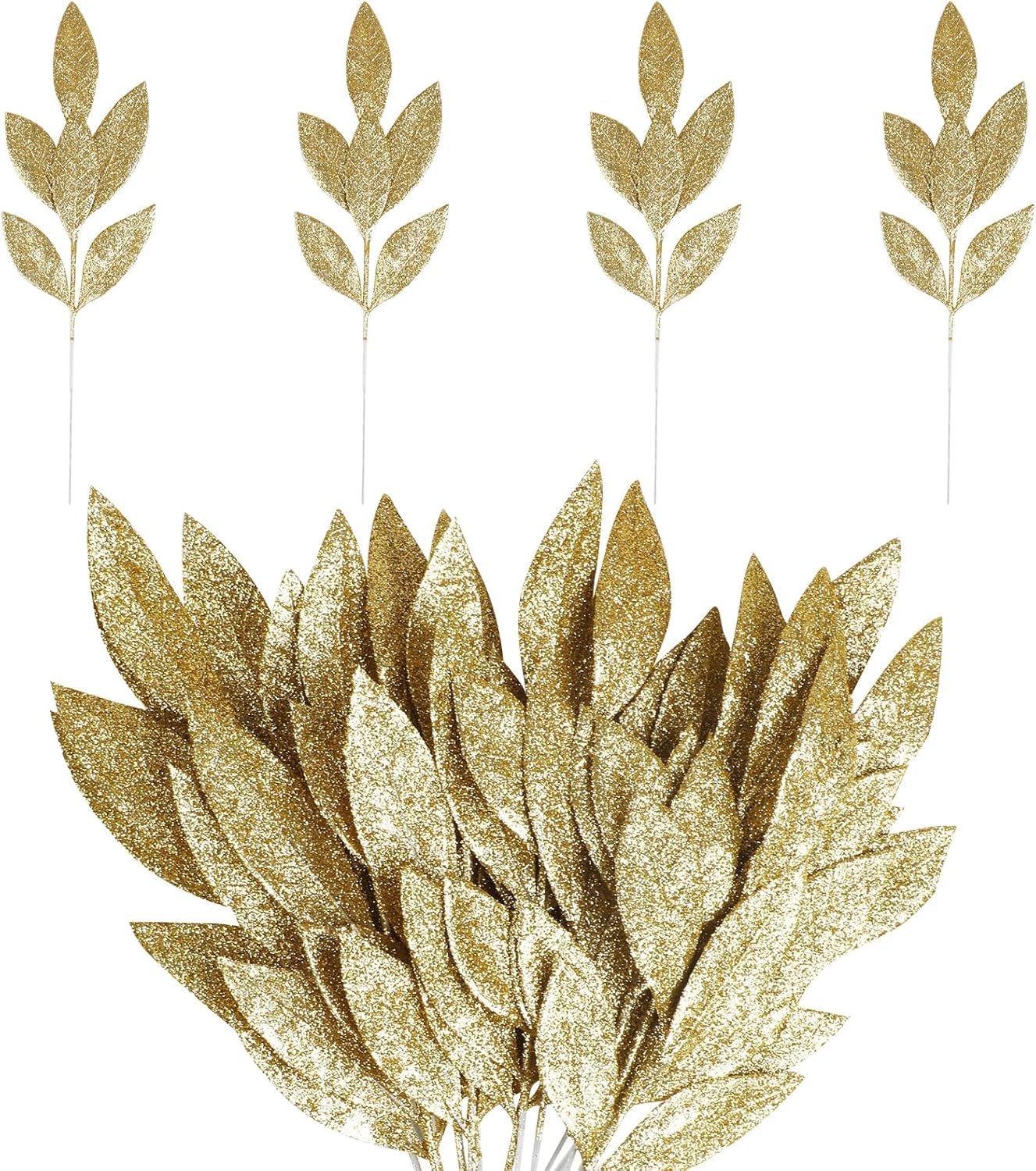 Laelfe 12 hojas de Navidad artificiales con purpurina dorada, púas de Navidad doradas artificiales de Navidad, ramas florales para decoración de corona de árbol de Navidad