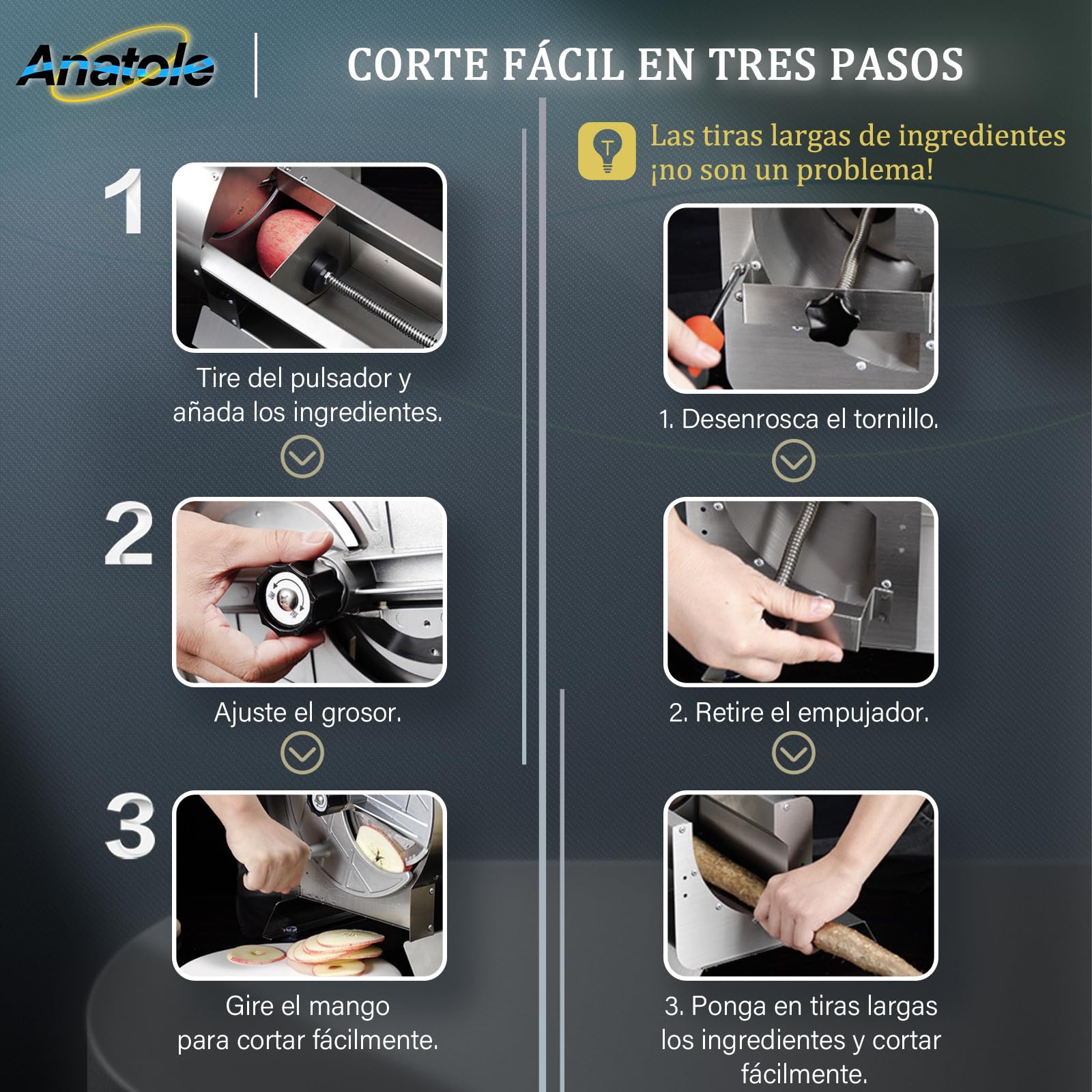 Anatole Cortador de Verduras en Rodajas de Acero Inox Profesional 0-13mm | Espesor Ajustable, 6 Ventosas, Rebanadora Manual para Patatas Cebolla Zanahoria Repollo Frutas Limón Naranja Restaurante Casa
