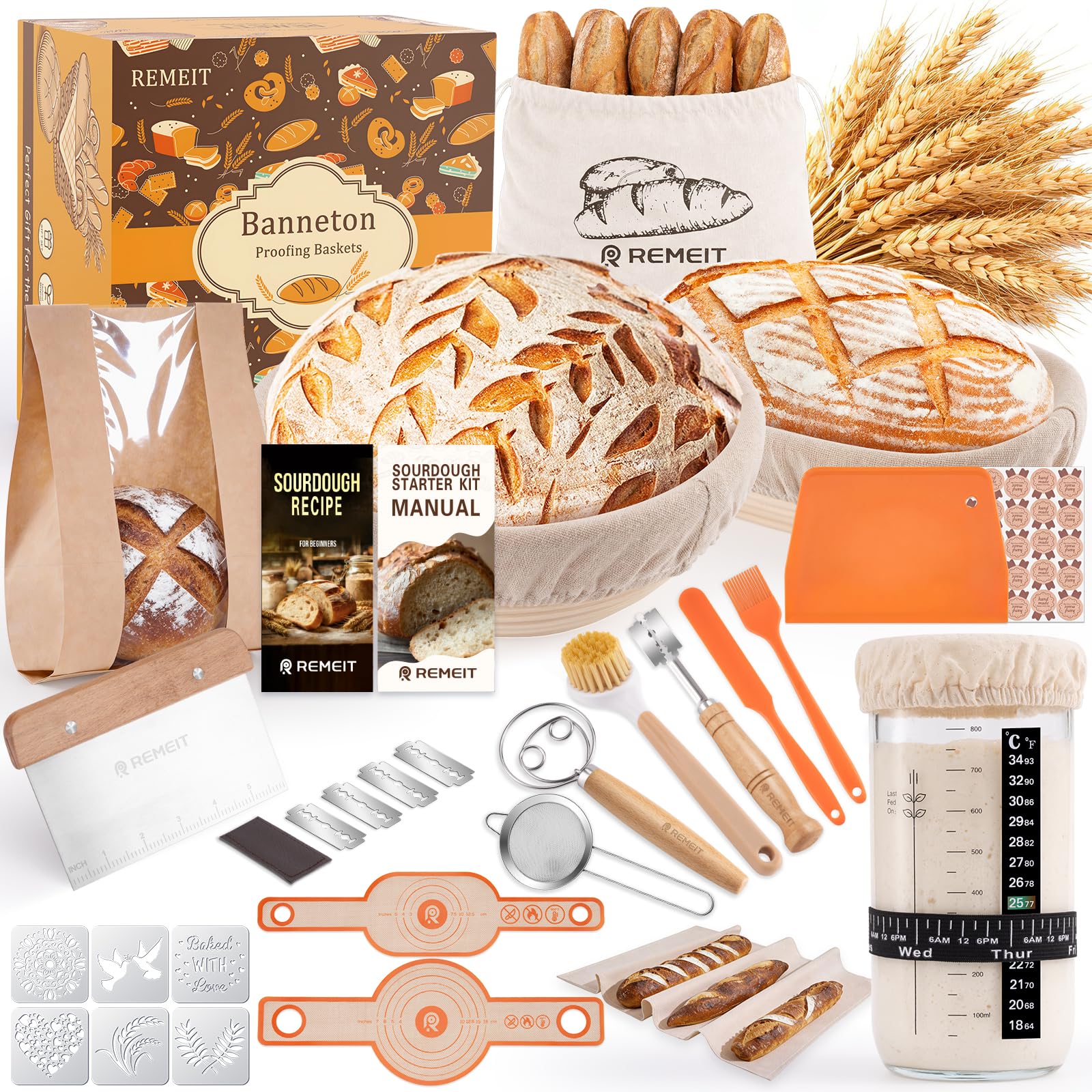 Sauerteig Starter Set, Gärkörbchen. 23cm Rund & 25cm Oval Gärkörb Brot, Gärkorb Set mit Sauerteig Glas, Dänischer Schneebesen, Teigschaber, Bäckermesser und Schlinge