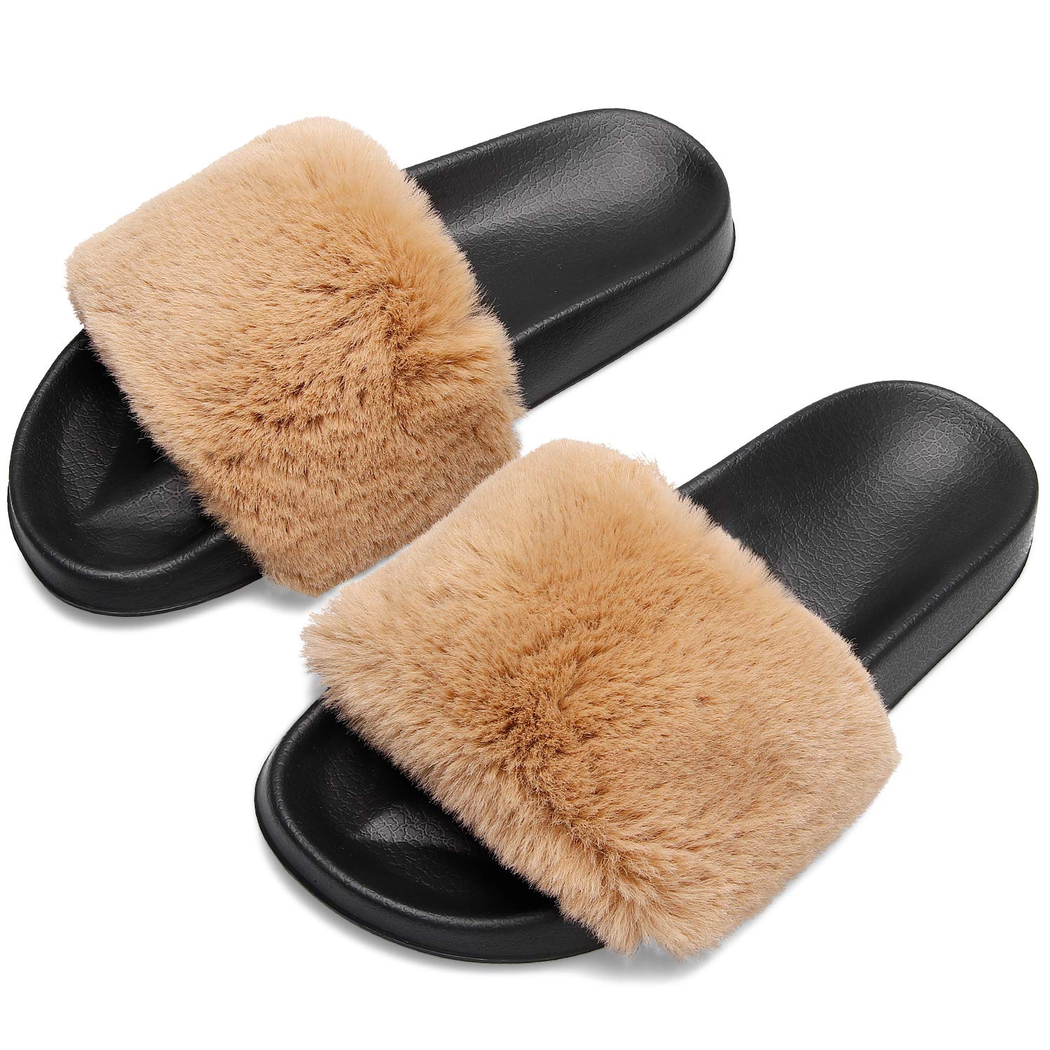 Spesoul Womens Fuzzy Slides Open Toe Furry Slide Slippers Indoor Outdoor Slides Sandals Casual Flat Fluffy House Slippers