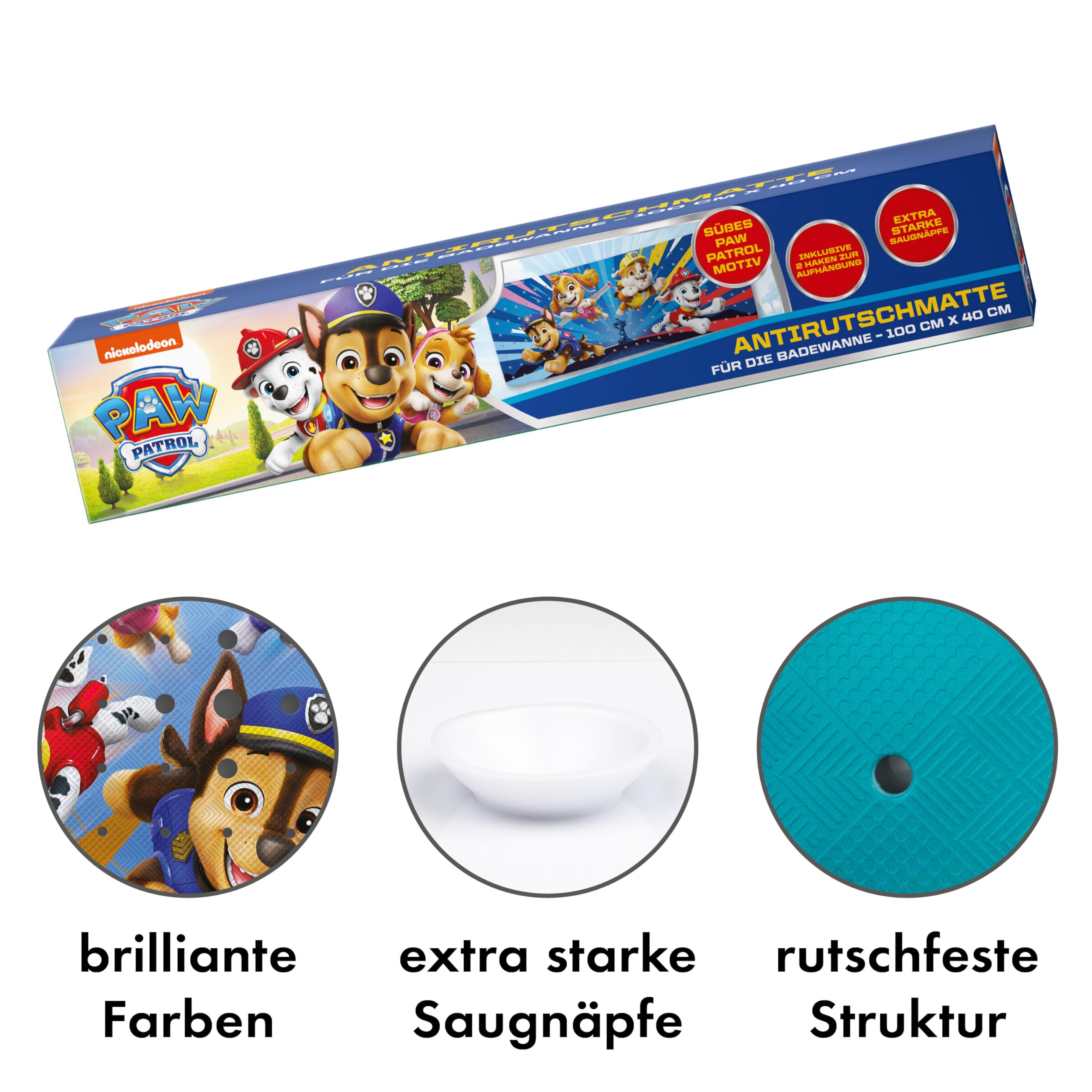PAW Patrol Alfombrilla de baño antideslizante para niños, antimoho, antibacteriana, con ventosas, ganchos y agujeros de drenaje, 100 x 40 cm