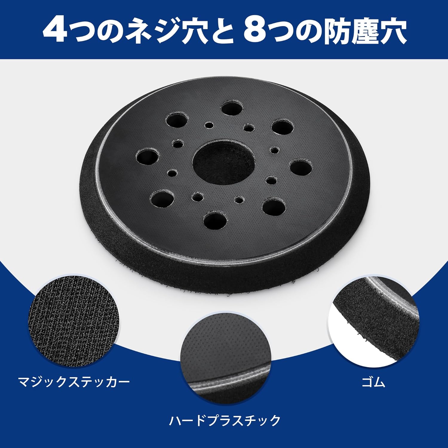 Components of the WORKPRO sanding pad, showing hook-and-loop, rubber, and hard plastic
