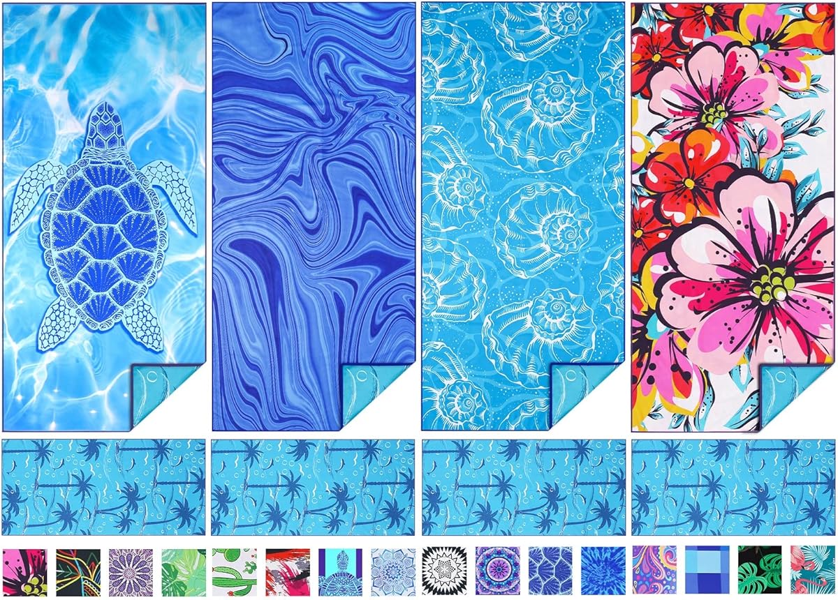 TwoYek 4 Pack Microfiber Thin Beach Towel Lightweight 71x32 Oversized Extra Large Sand Free Towels Quick Dry for Travel Pool Yoga Gym Sports Beach Accessories Vacation Essential Gift