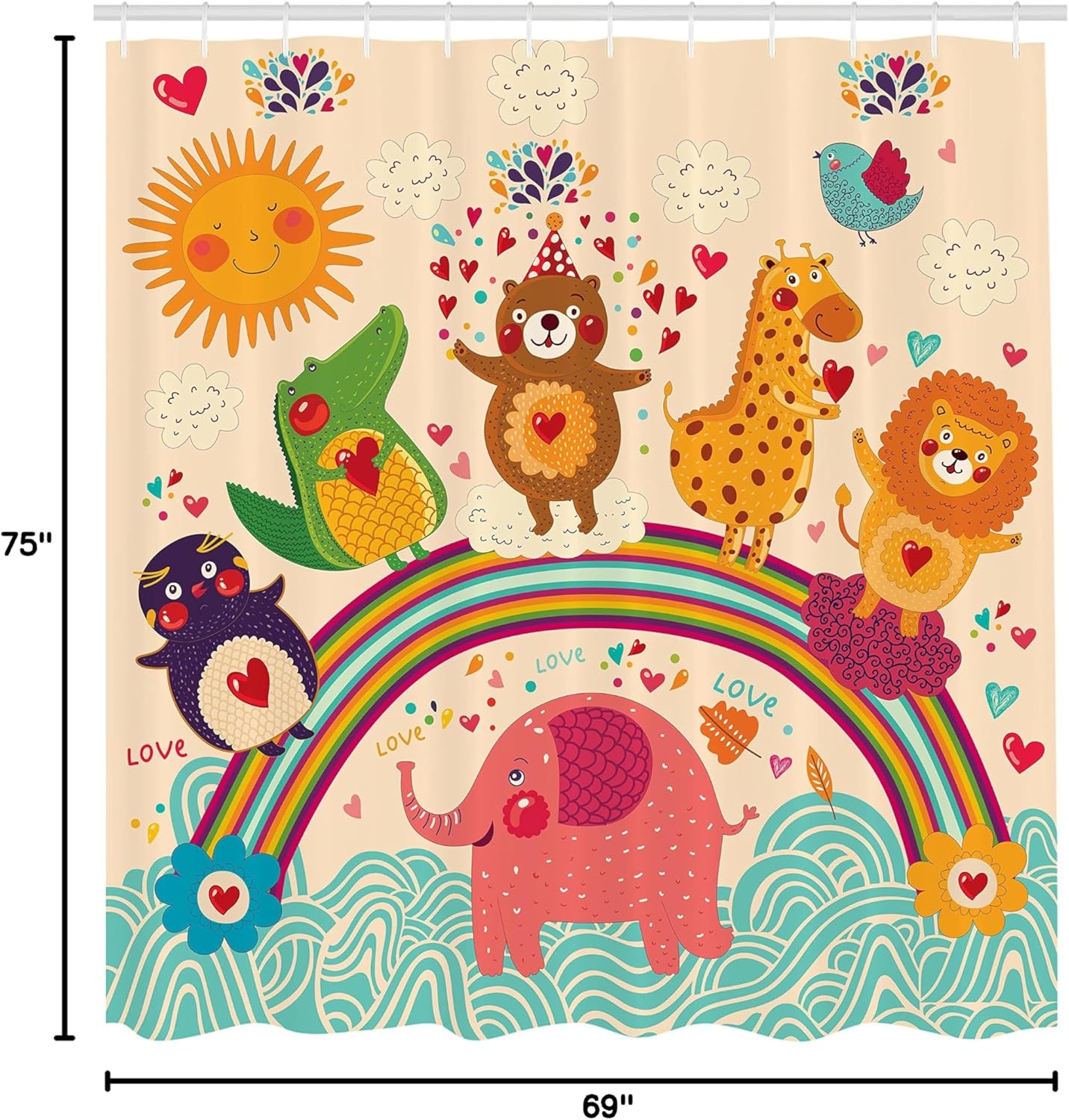 Ambesonne Cartoon Shower Curtain, Happy Animals Bear Lion Crocodile Birds on Rainbow Drawing Effect, Cloth Fabric Bathroom Decor Set with Hooks, 69" W x 70" L, Orange Green