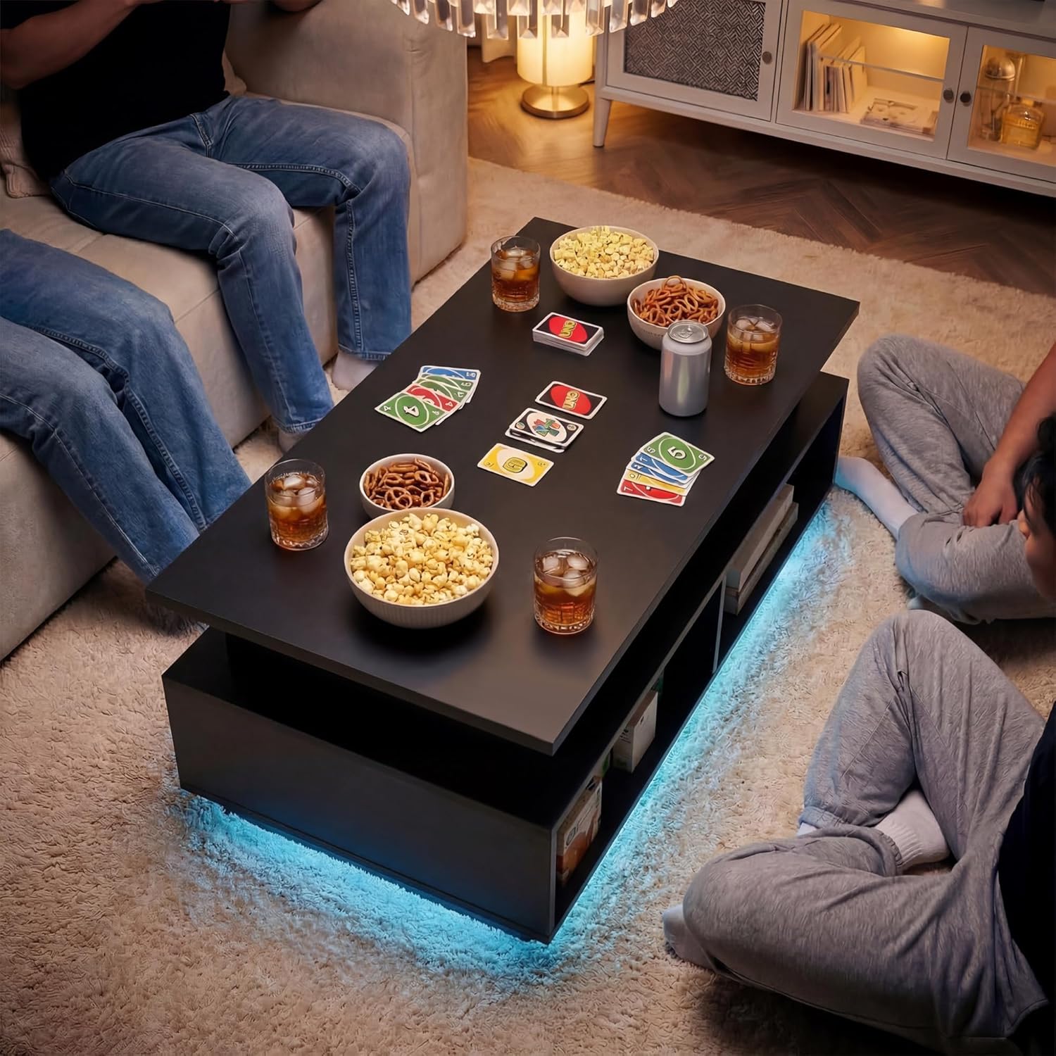 YESHOMY 40" Lift Top Coffee Table with Hidden Storage & Multi-Color LED Lights, Modern Square Wood Table with 4 Open Shelves for Living Room and Small Space, Black Grain