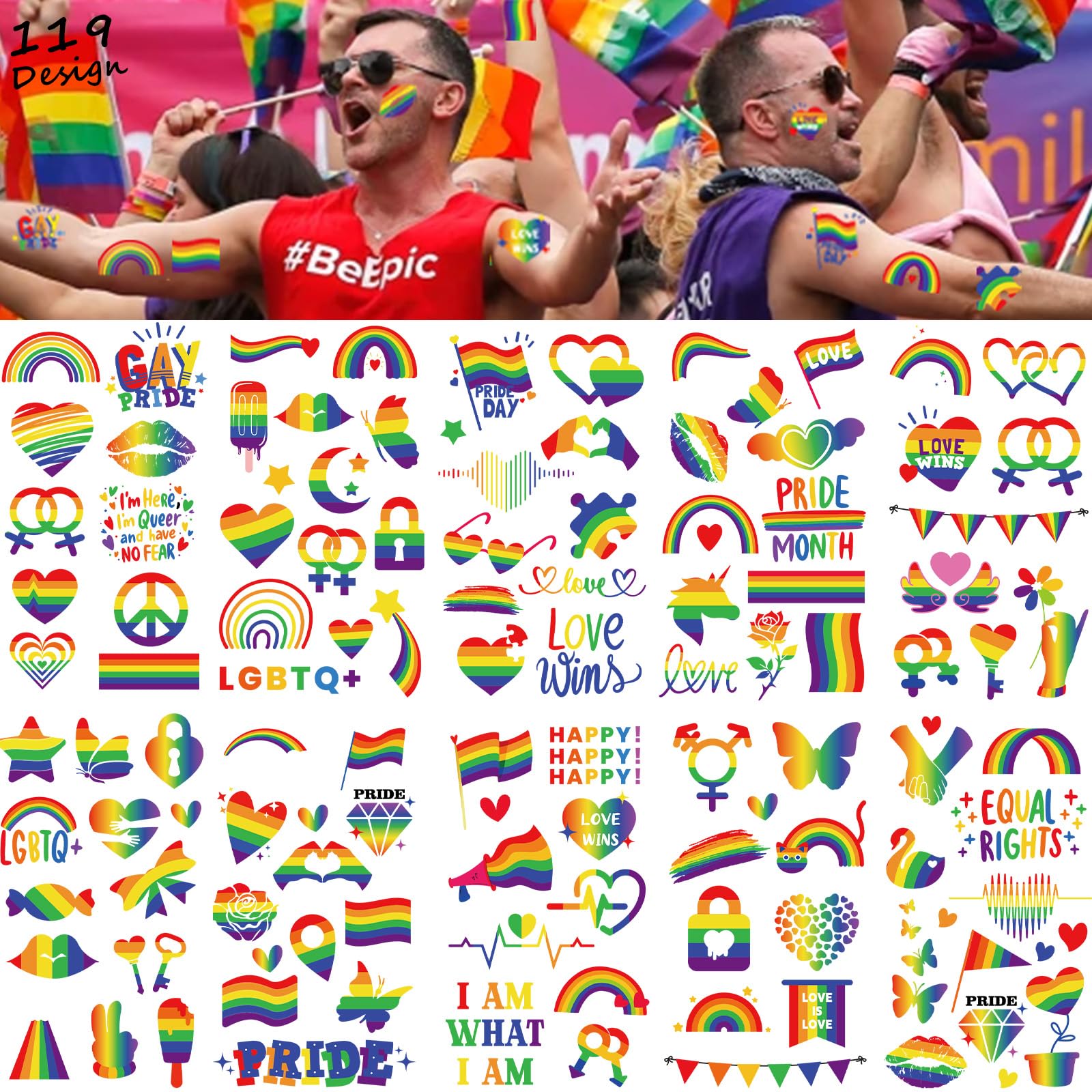 119+ Pcs Gay Pride Tattoos - Temporary Rainbow Flag Tattoo Stickers, Heart Lips Love Face Body Tattoos for Pride Month Festival Equality Parades