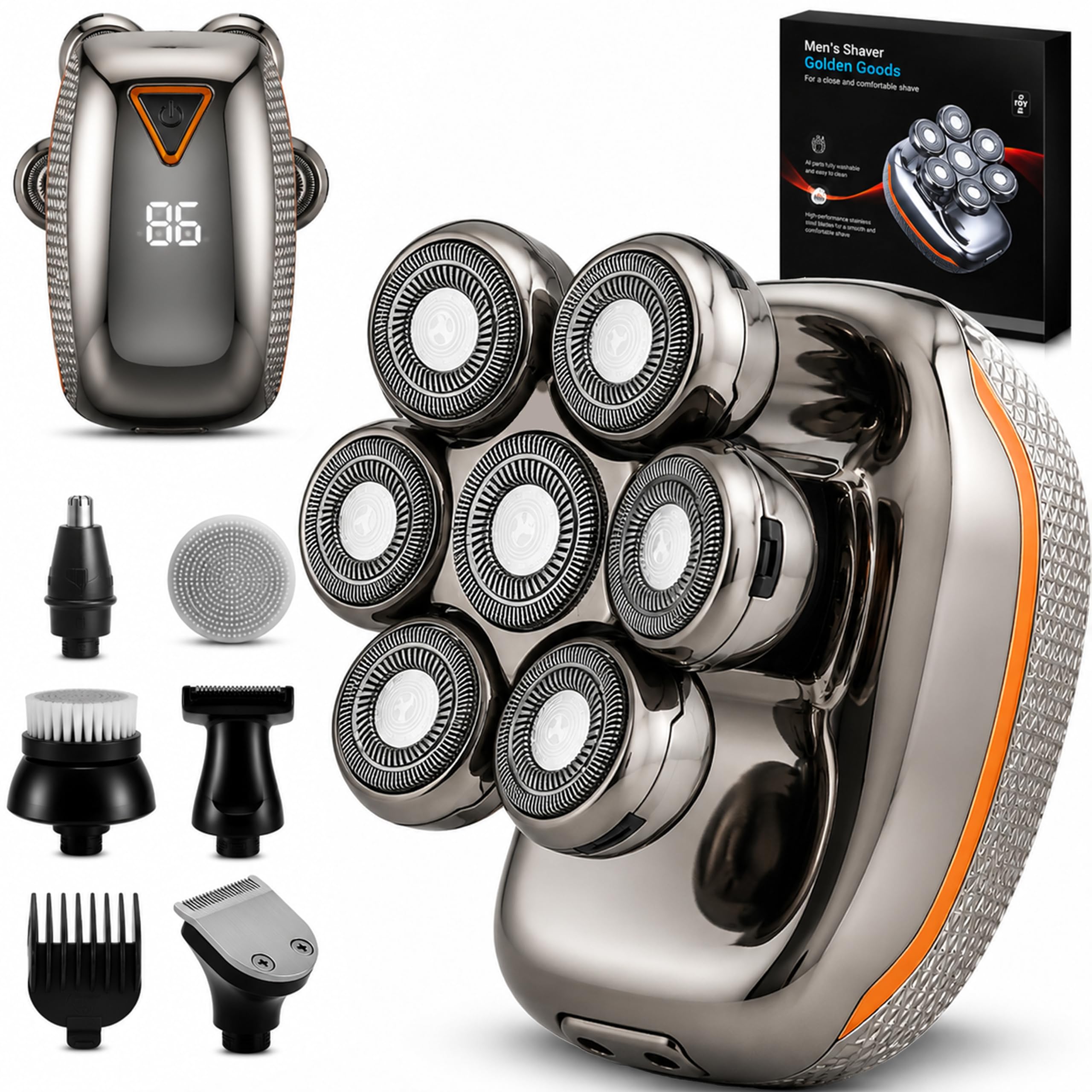Golden Goods Rasoir Tete Chauve Homme 7D Skull Shaver Électrique Hommes Cheveux 90 mins d'autonomie Rasoir Crane Homme Chauve Étanche Wet & Dry Tondeuse Crane Chauve sans Fil avec Écran LED