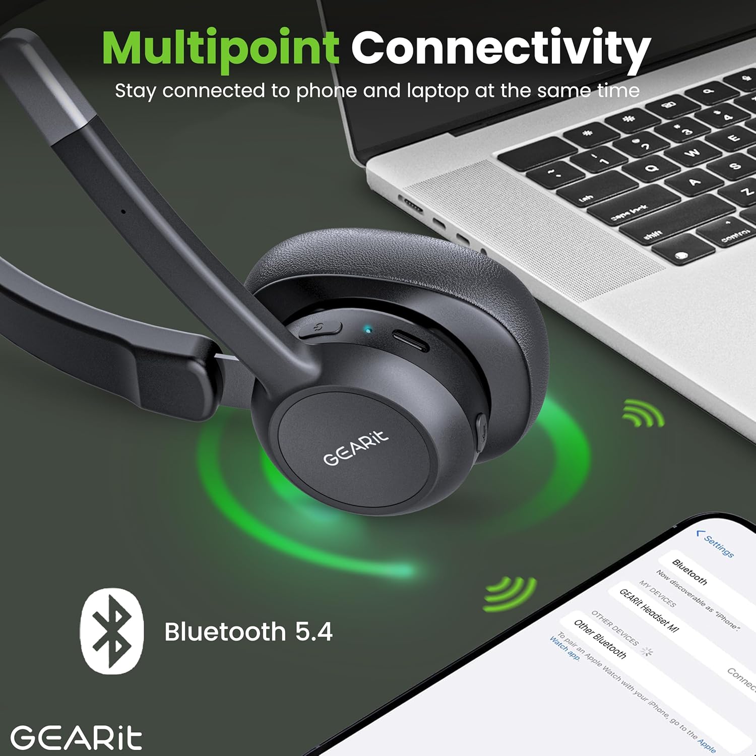 GEARit Wireless Bluetooth Headset connected via Bluetooth to a laptop and a smartphone, demonstrating multipoint connectivity.