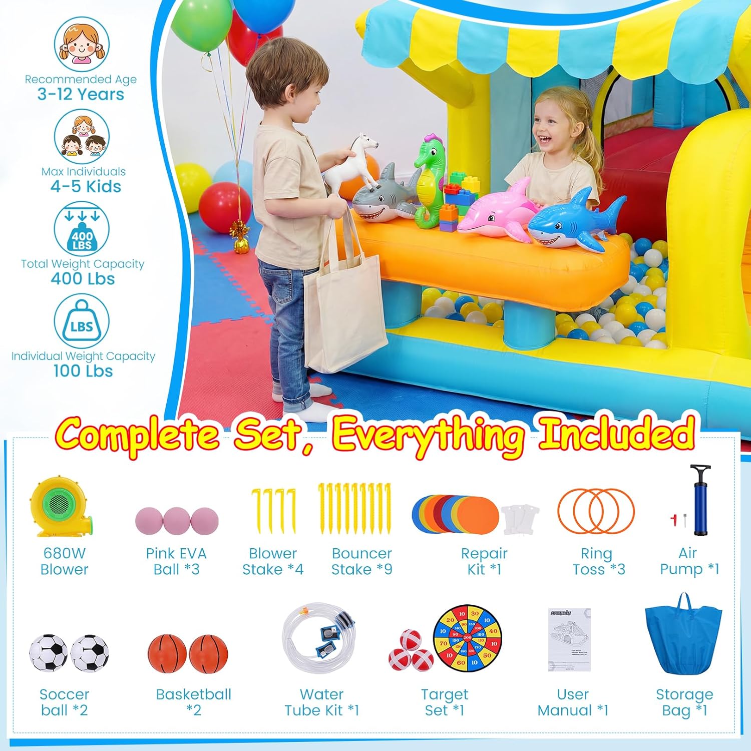 AKEYDIY 19 in 1 Inflatable Water Slide for Kids 3-12, 15.8FT Blow Up Bounce House Water Park with 2 Slides & Hoops, Pool, Soccer Gate, Shop-Stand, Water Cannon, Photography, Dart Ball Kit, Jumping