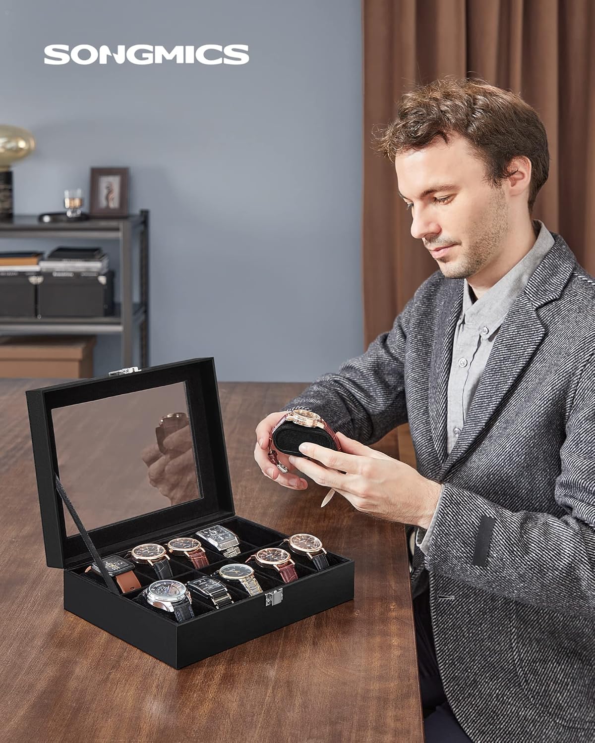 SONGMICS Watch Box, 10-Slot Watch Case Organizer with Large Glass Lid, Removable Pillows, Christmas Gift, Black Synthetic Leather, Black Lining UJWB010B02